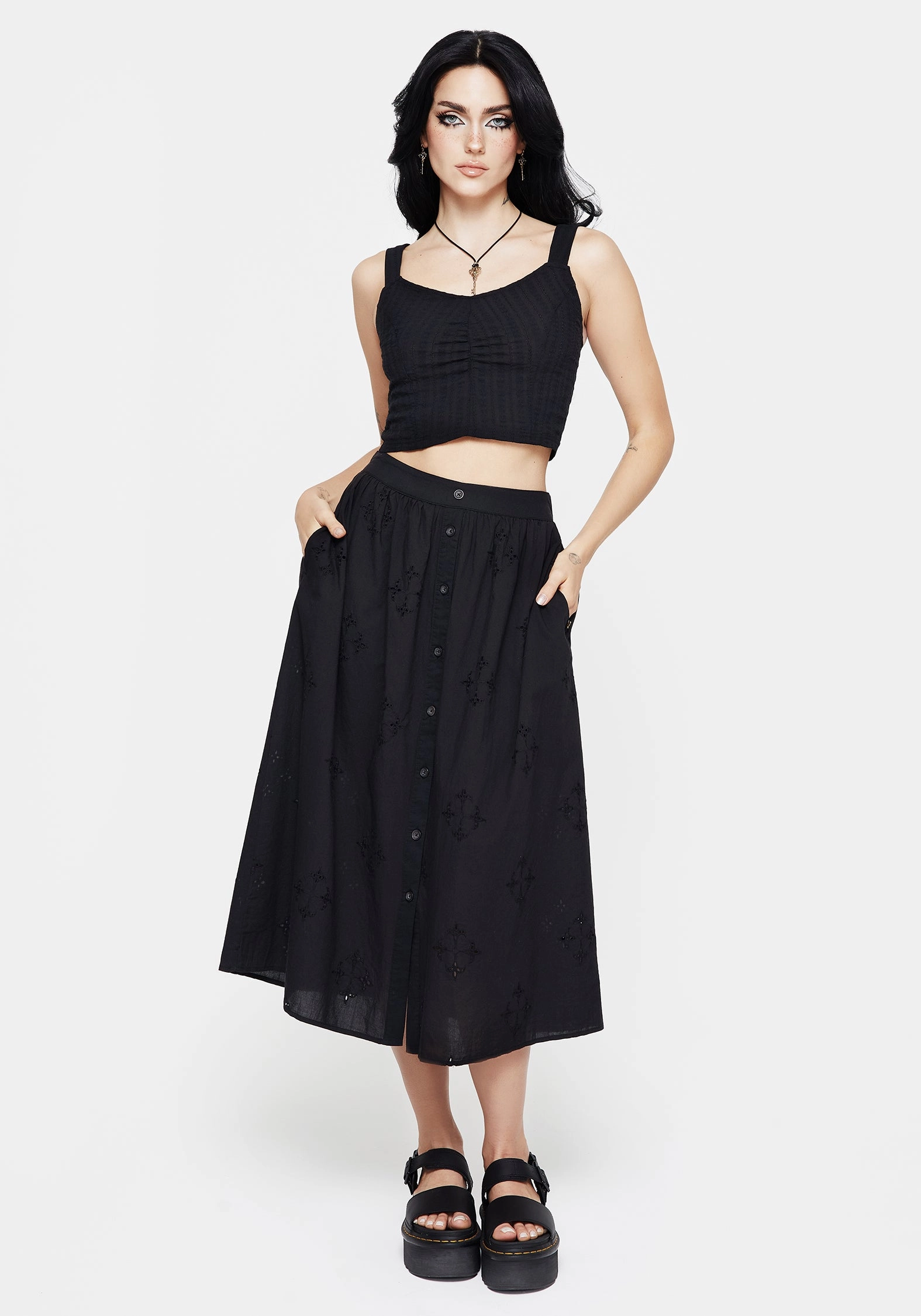 Collaboration Piece color block Crux Broiderie Cotton Button Up Midi Skirt