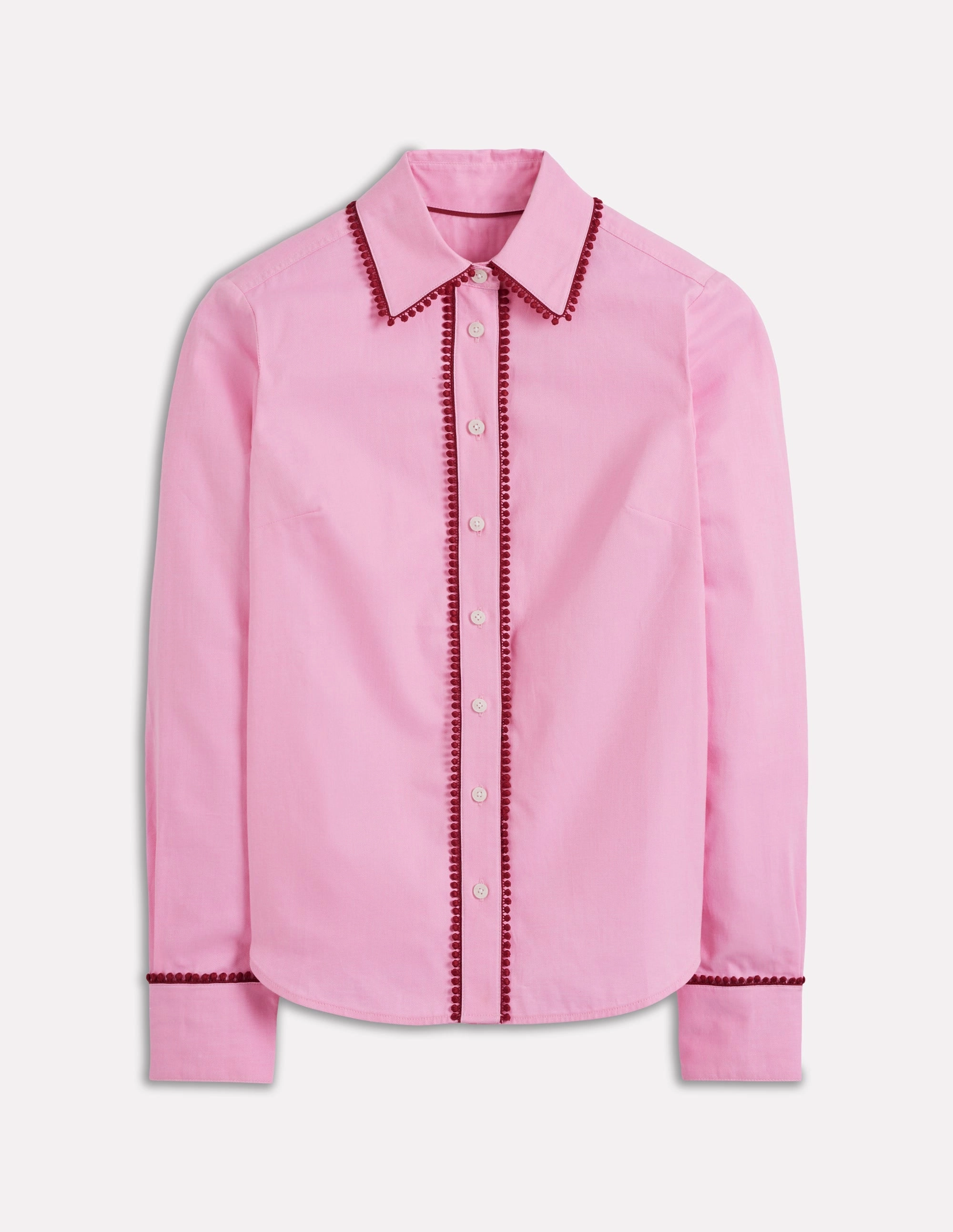 Minimalist Aesthetic Sienna Interest Cotton Shirt-Pink, Pom Trim