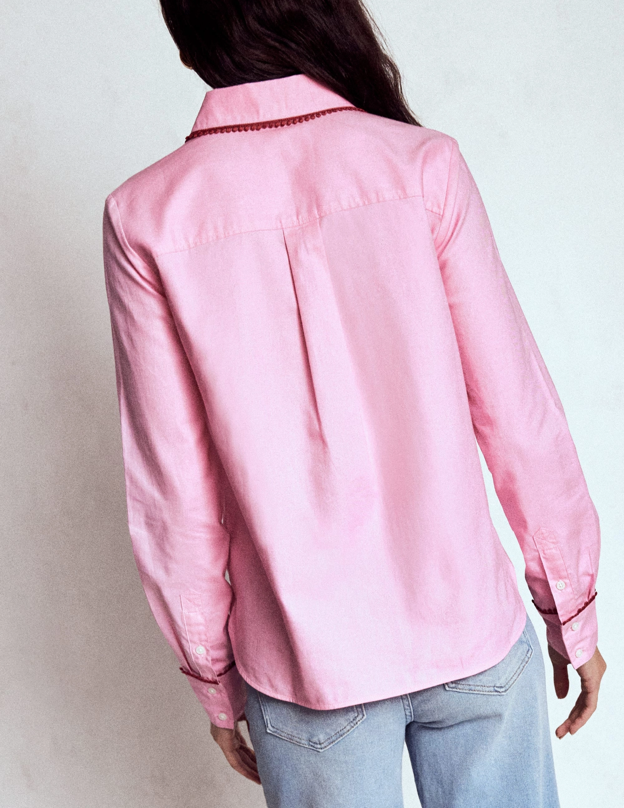 Sienna Interest Cotton Shirt-Pink, Pom Trim Anti Static Fabric Simple Style