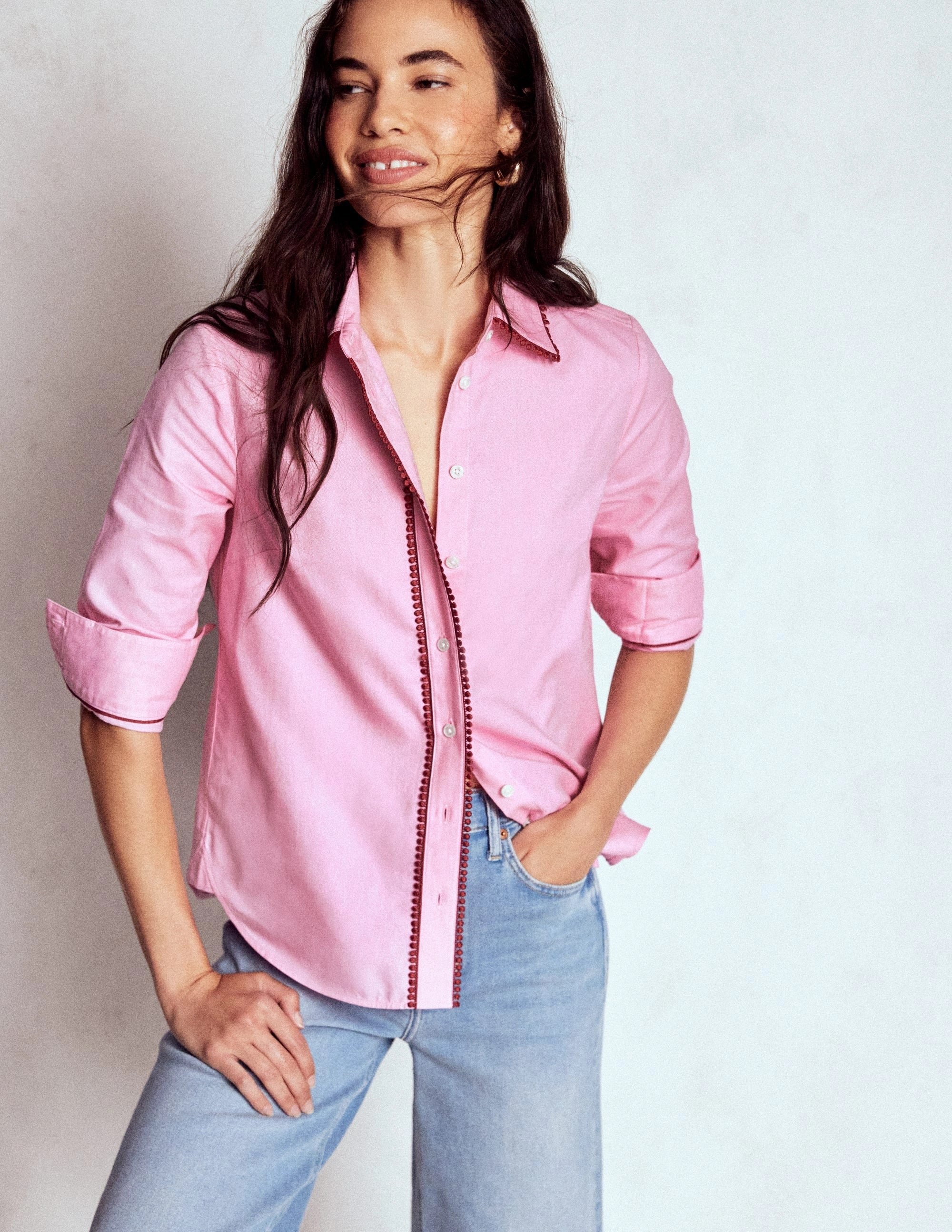 Casual Comfort Reinforced Shoulders Sienna Interest Cotton Shirt-Pink, Pom Trim