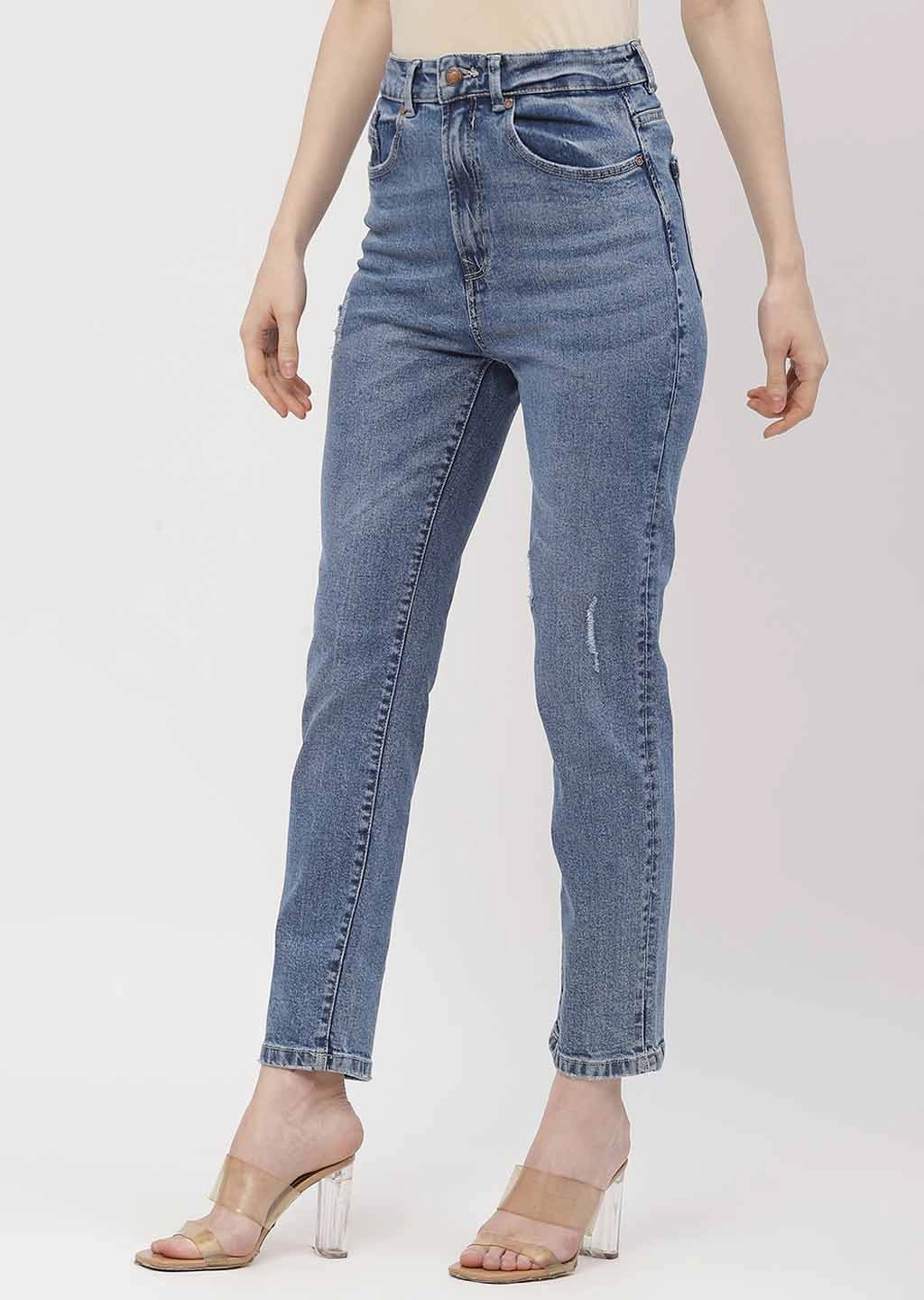 Madame Light Distressed Mid Blue Slim Fit Jeans Modern Straight Leg
