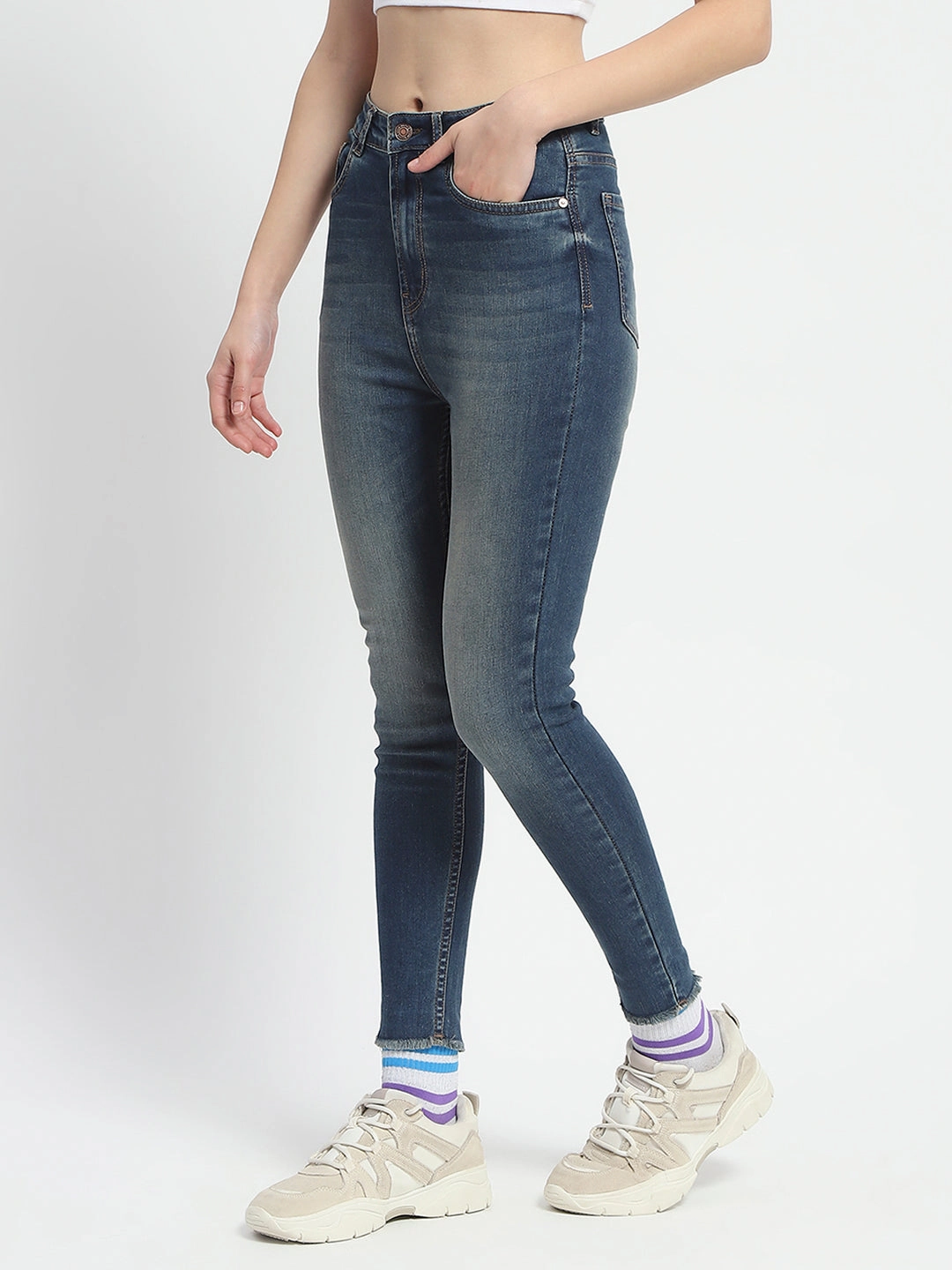 Madame Whiskered Stone Wash Green Tinted Cotton Denim Total Fit Thermal Regulating Fabric