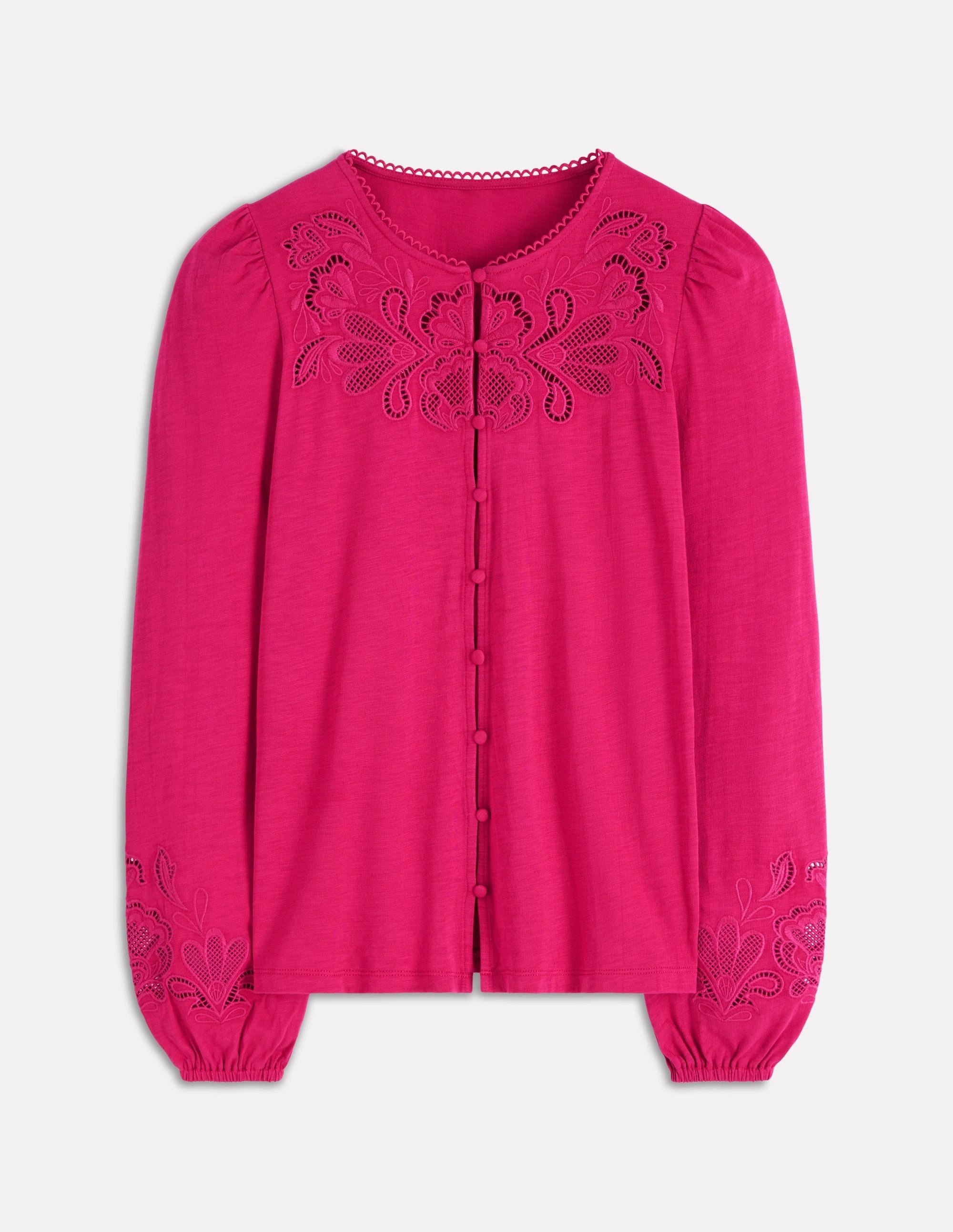 Cutwork Detail Jersey Top-Vibrant Pink Brushed Inner Layer