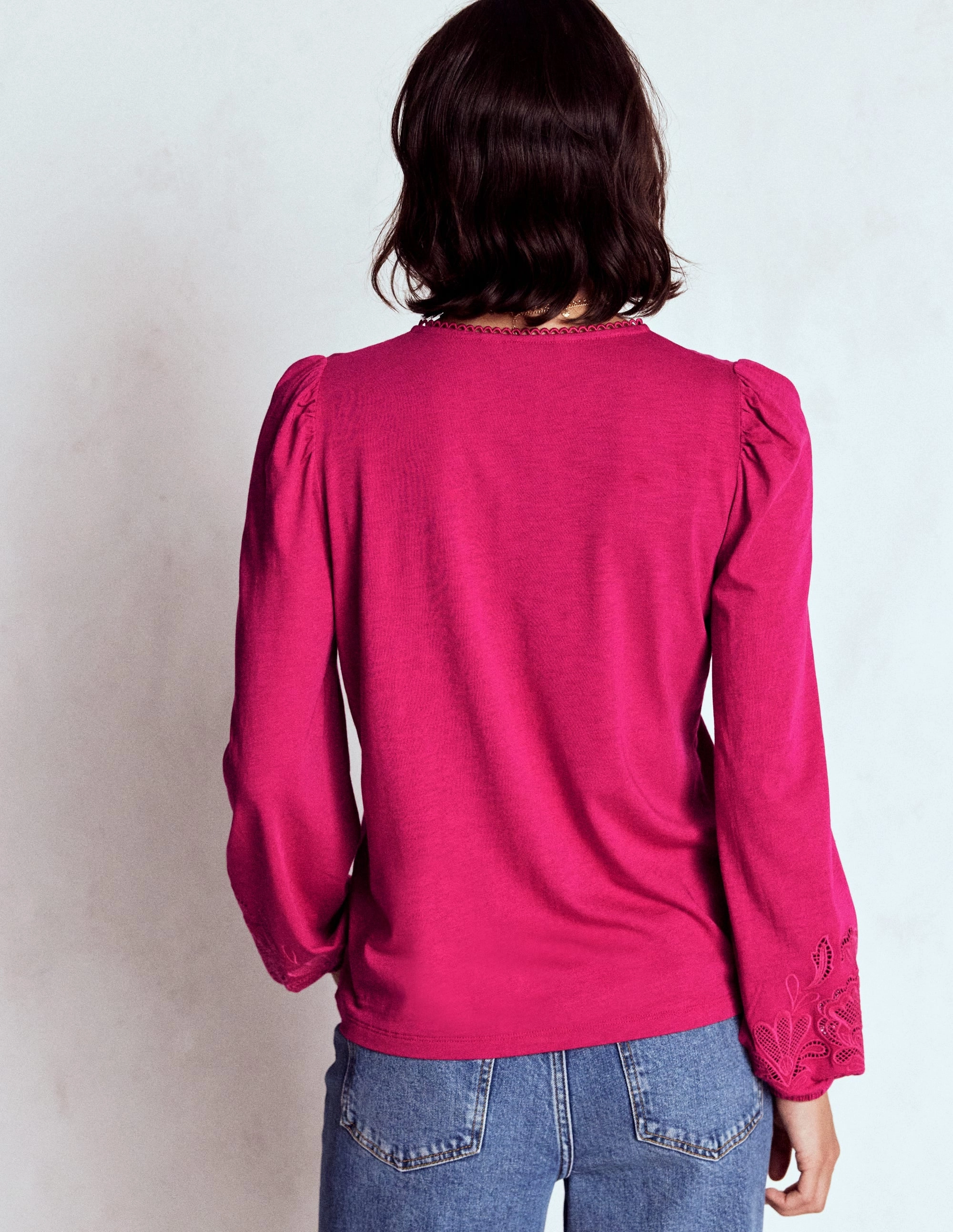 Cutwork Detail Jersey Top-Vibrant Pink Hybrid Fabric Blend