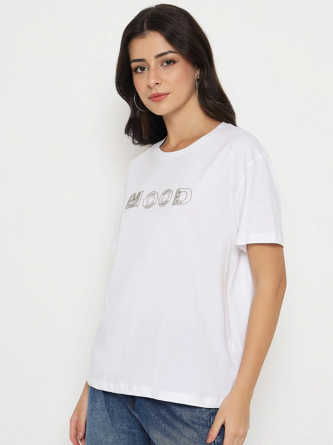Madame Embellished Typography White Cotton T-shirt Stylish Comfort Modern Simplicity