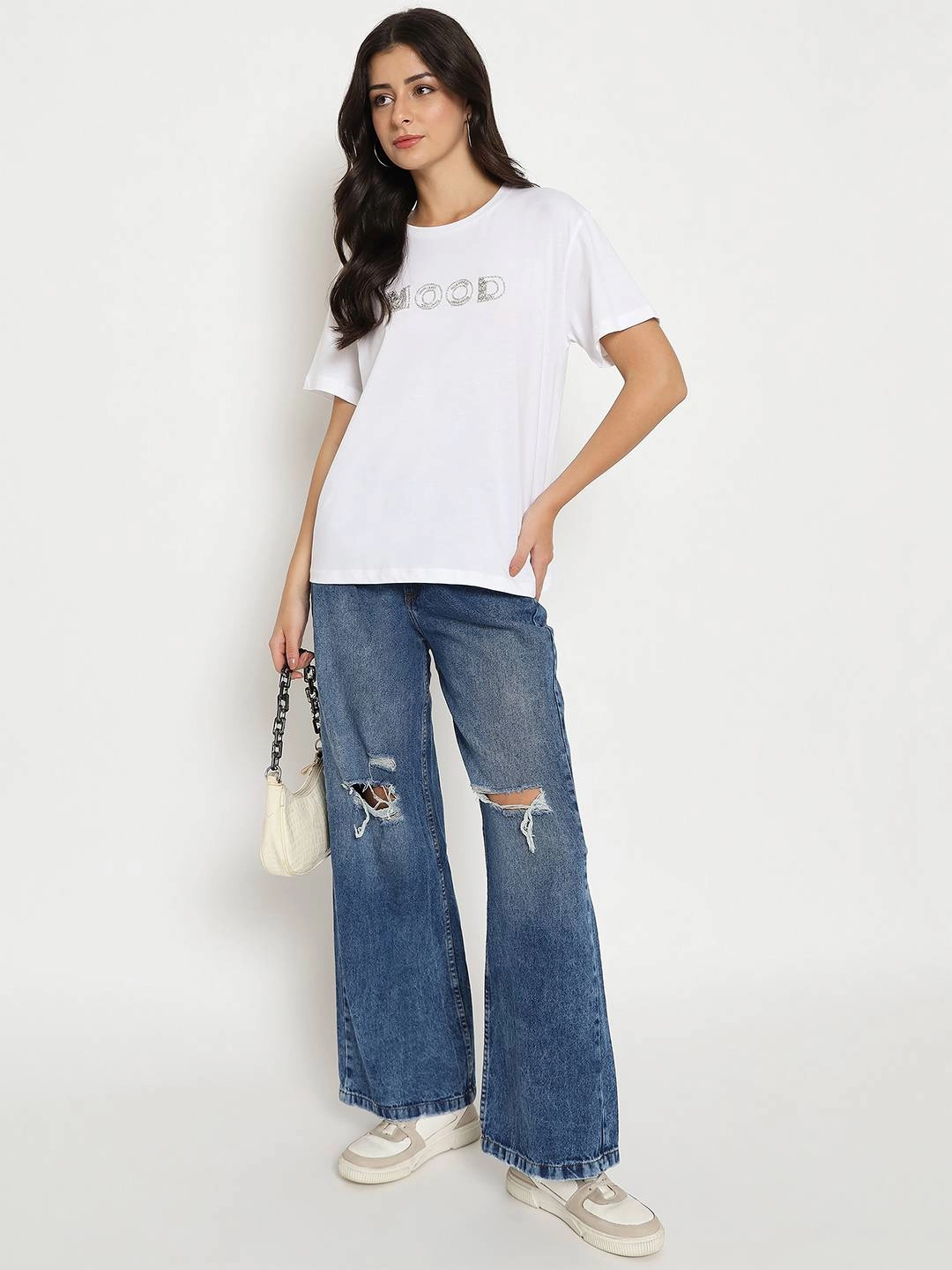 Madame Embellished Typography White Cotton T-shirt Plus size confidence