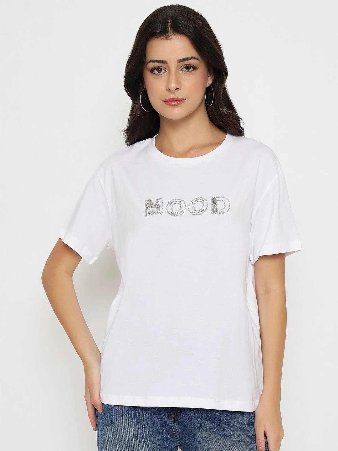 Madame Embellished Typography White Cotton T-shirt Minimalist Design Weekend Style Trend