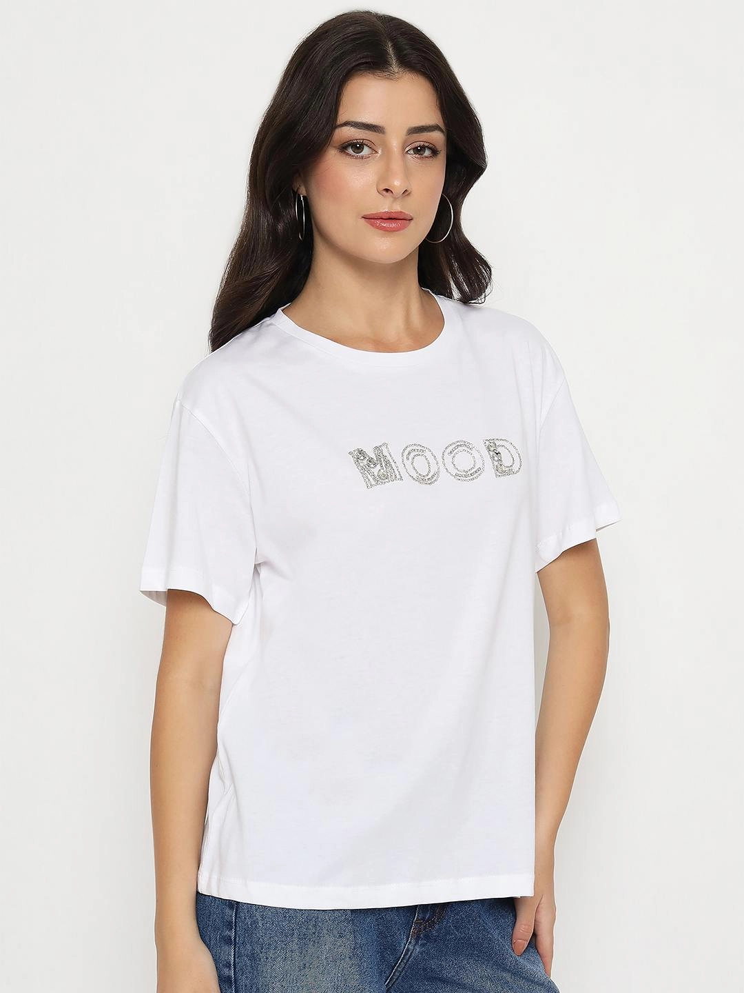 Madame Embellished Typography White Cotton T-shirt Weekend Comfort Wear