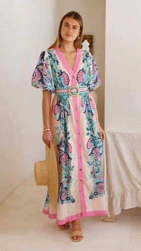 Dali Maxi Dress - Island Bloom Pink Button Chic Comfortable casual dress