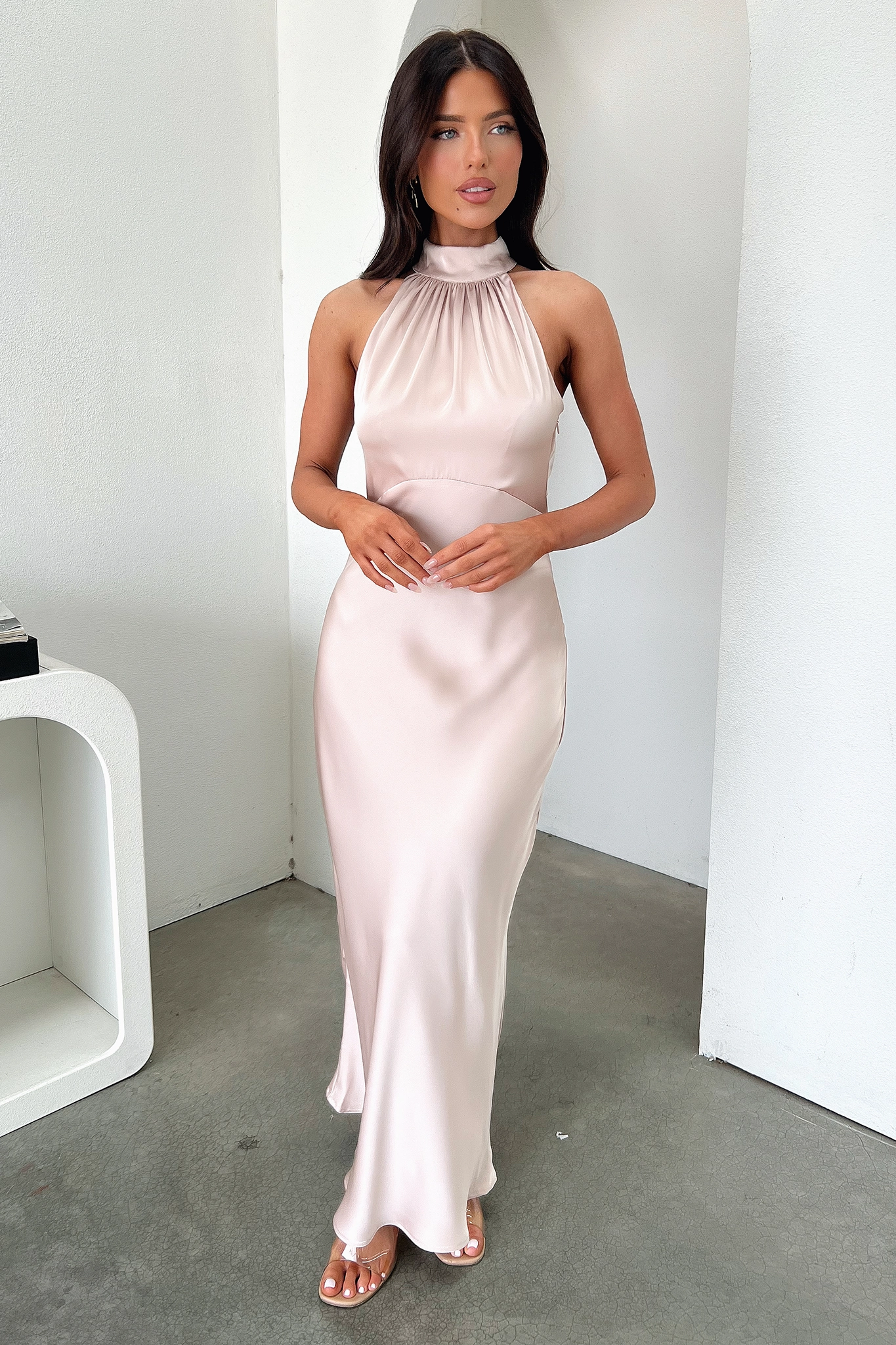 Neutral Finish Daphne High Neck Maxi Dress - Champagne
