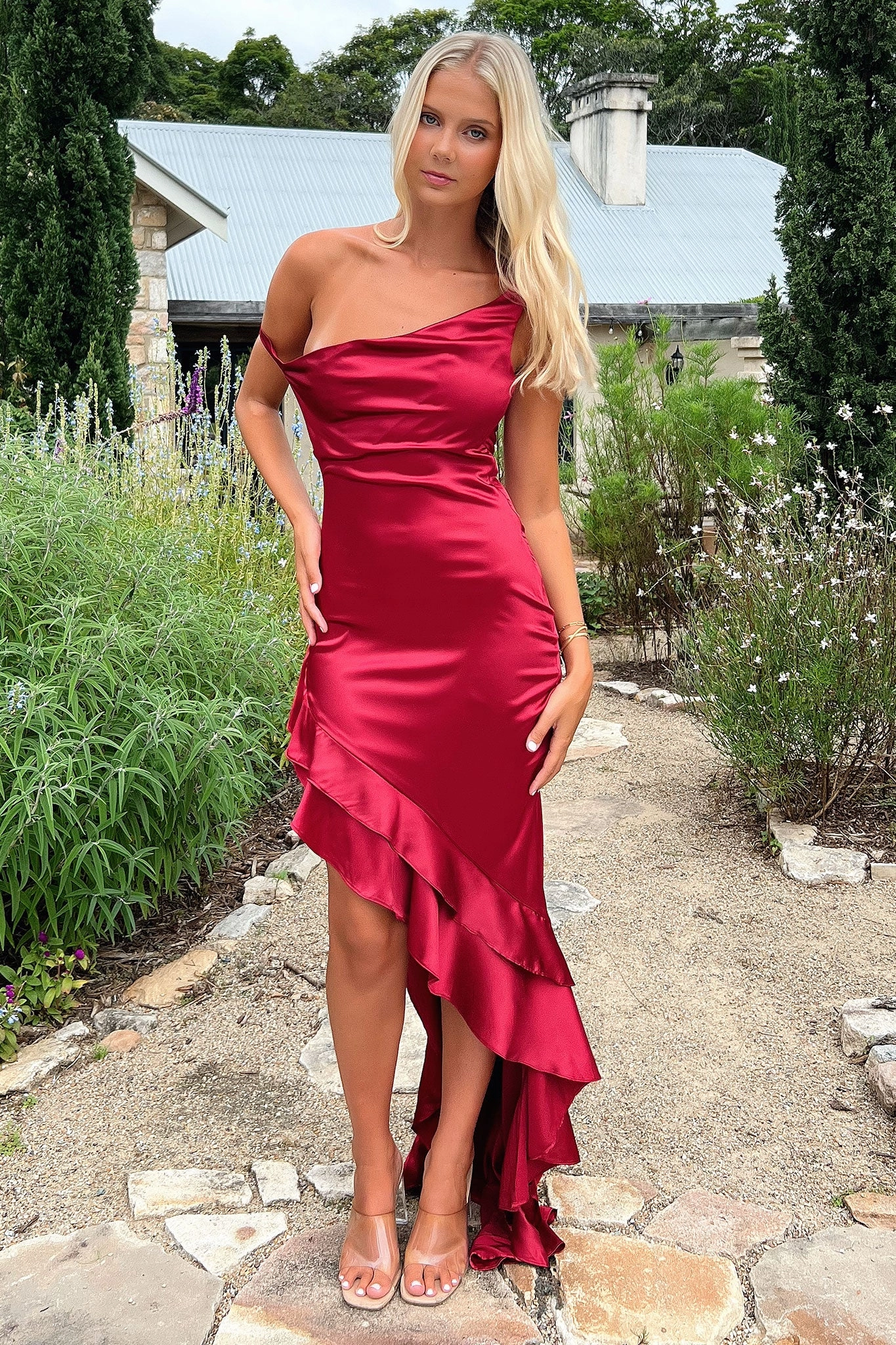 Daenerys Off Shoulder Satin Maxi Dress - Burgundy Mixed Fabric Family Vibe