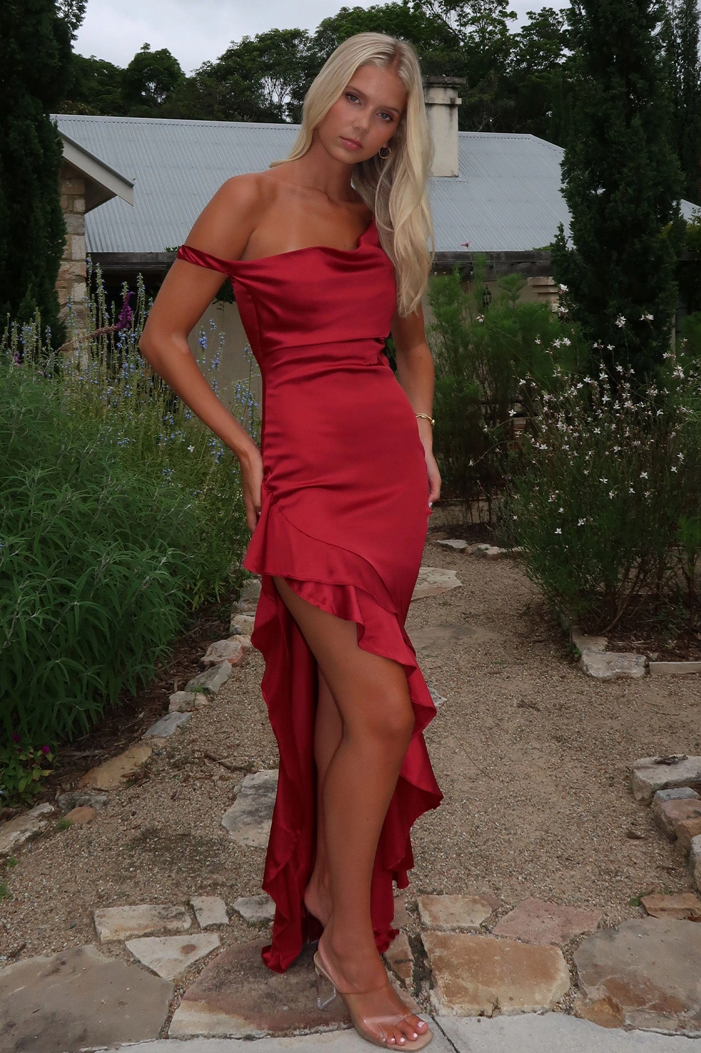 Daenerys Off Shoulder Satin Maxi Dress - Burgundy Satin Touch