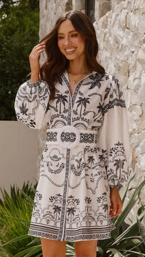 Light Fabric Resort Ready Xander Long Sleeve Mini Dress - Black/White