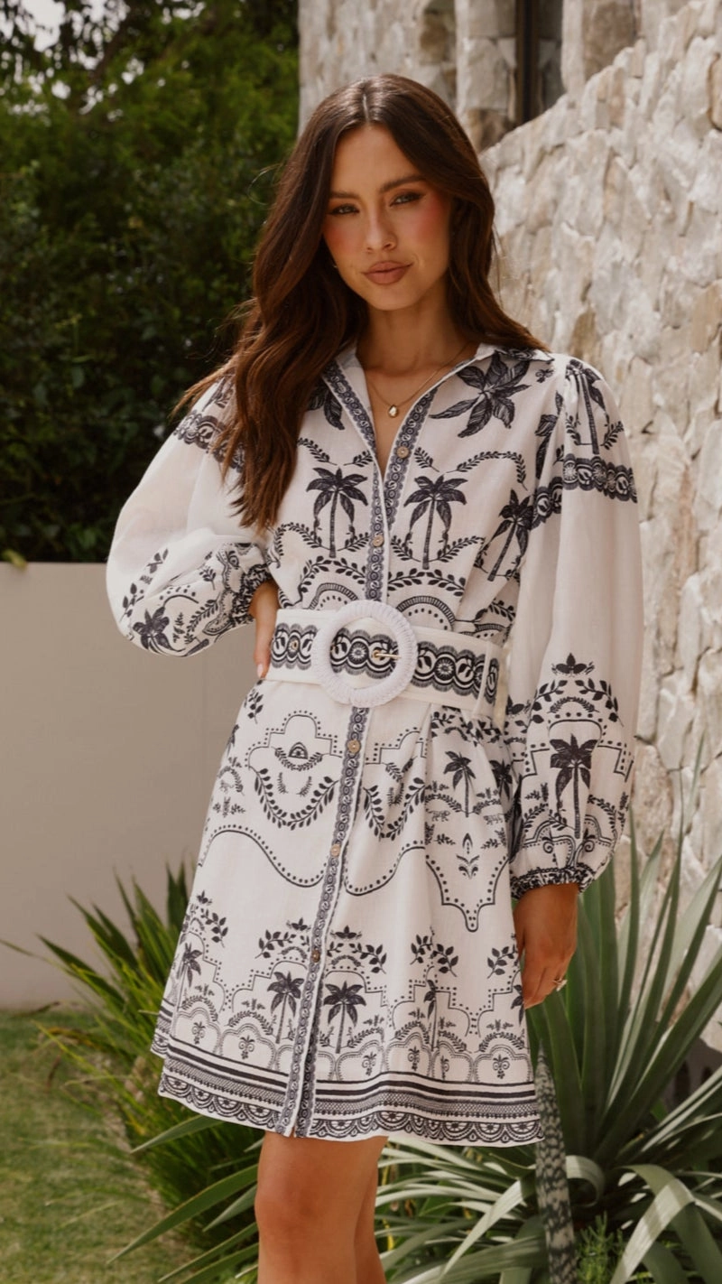 Flare Hem Day Chic Xander Long Sleeve Mini Dress - Black/White