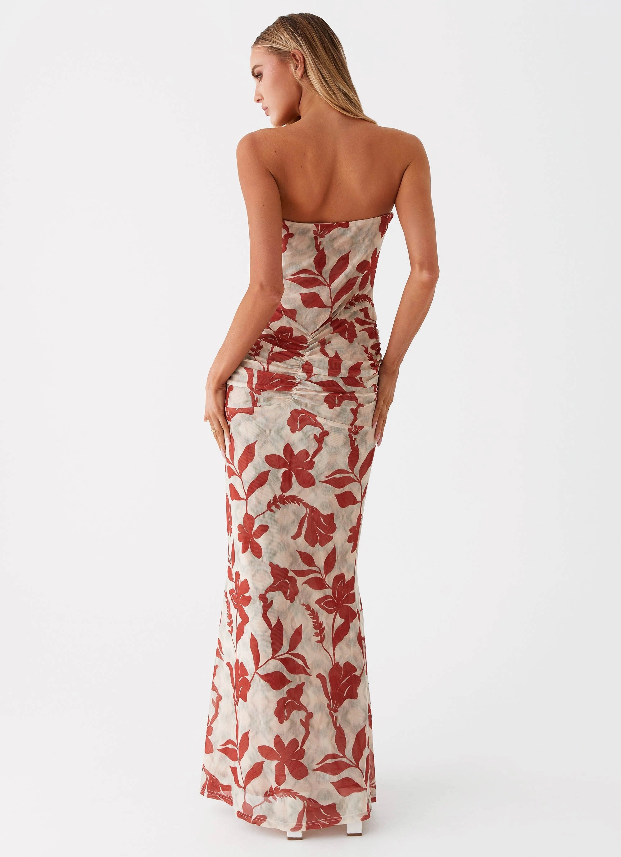 Silky Silhouette Ribbed-Texture Dearest Maxi Dress - Red Green Floral