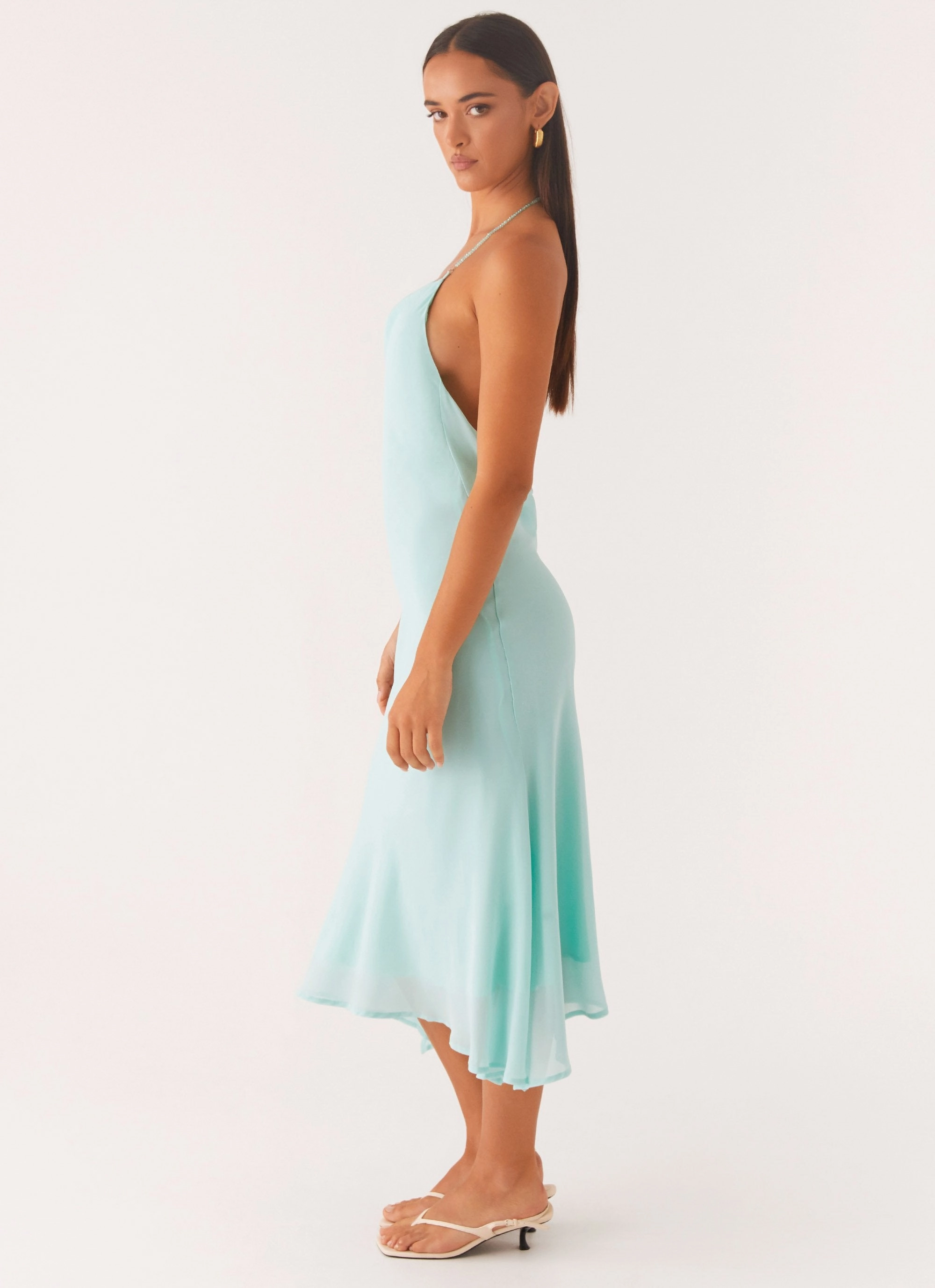 Mesh-Detail Deep Dive Midi Dress - Pale Blue