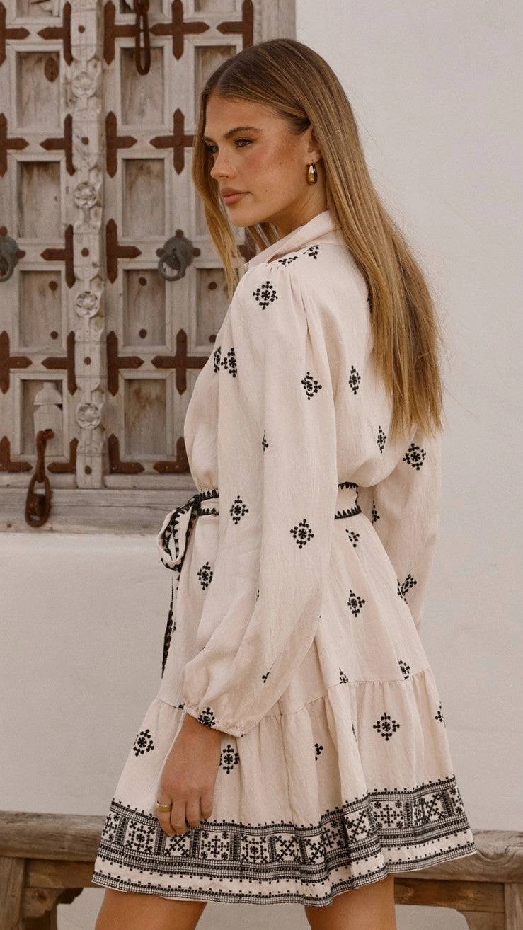 Delainey Mini Dress - Beige/Black Basic Cool Printed-Lining