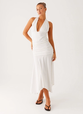 Beachwear Flattering Waist Design Grettana Halter Neck Midi Dress - White Polka Dot