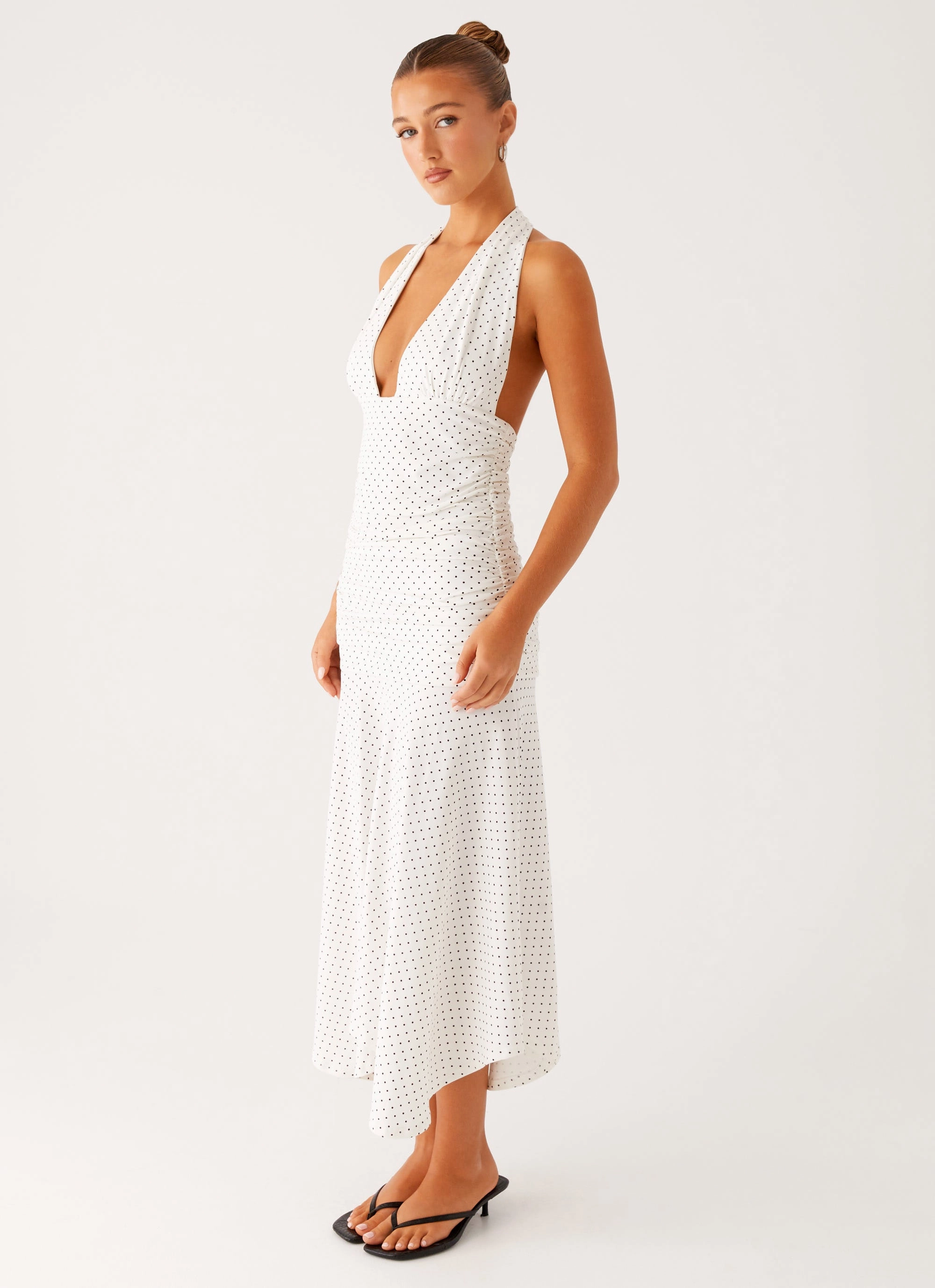 Versatile-Style Grettana Halter Neck Midi Dress - White Polka Dot