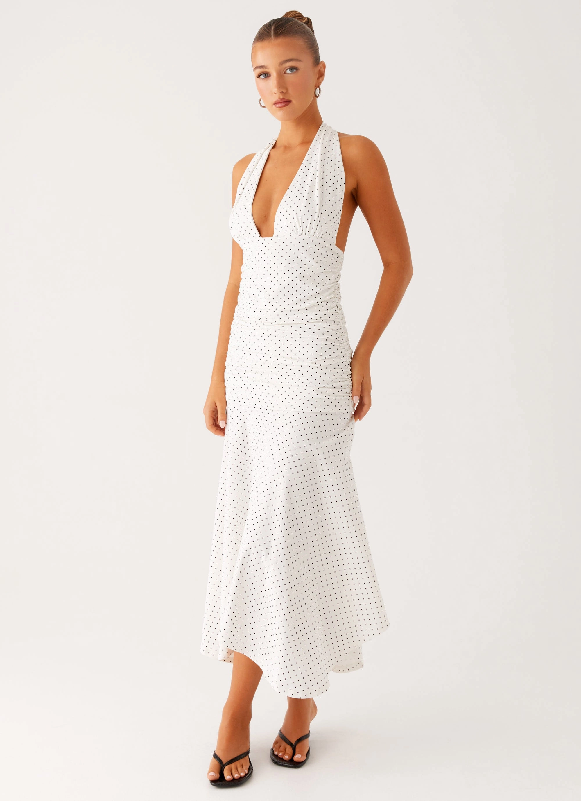 Satin Fabric Grettana Halter Neck Midi Dress - White Polka Dot