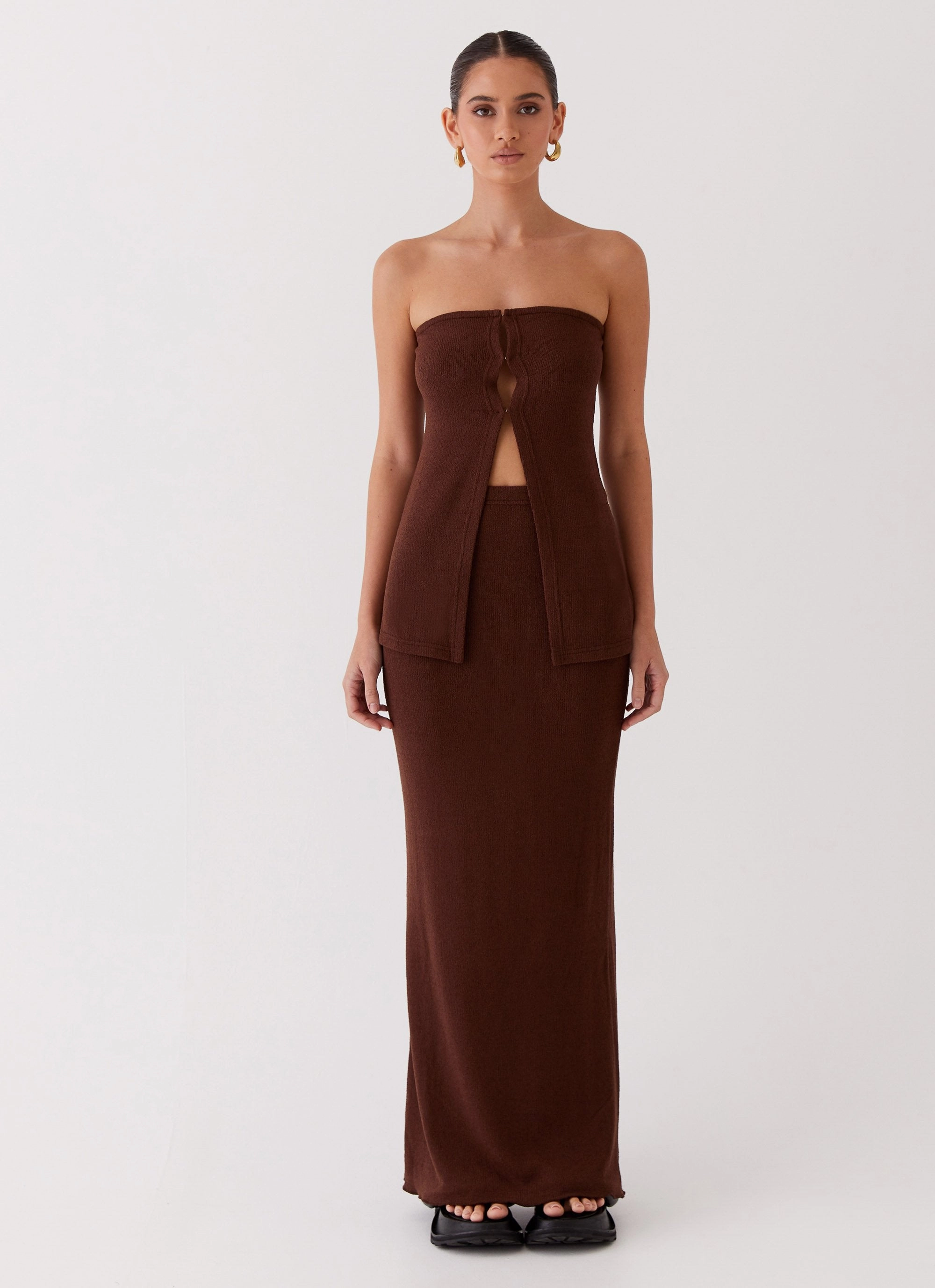 Delicate Lady Knit Maxi Skirt - Chocolate Moisture Wicking Textile Elastic hem
