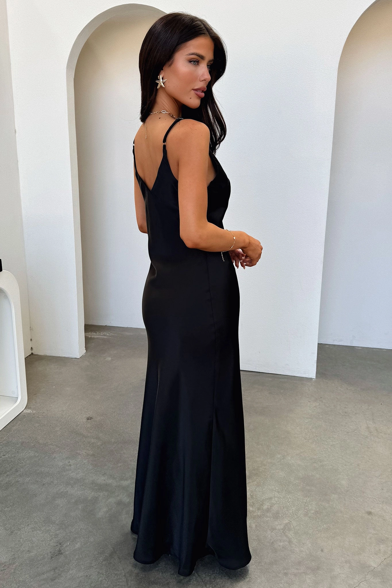 Delilah V-Neck Satin Maxi Dress - Black AdjustableStraps