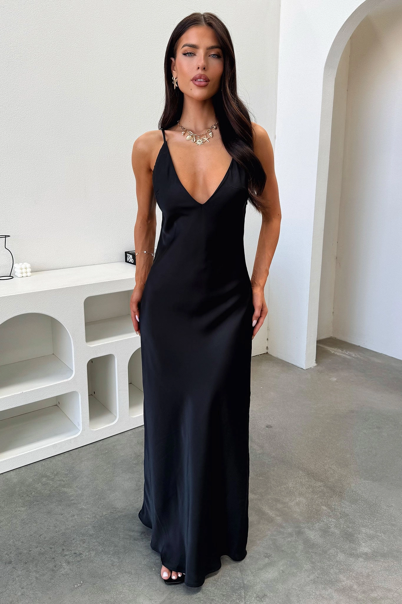 Delilah V-Neck Satin Maxi Dress - Black Polished Layer