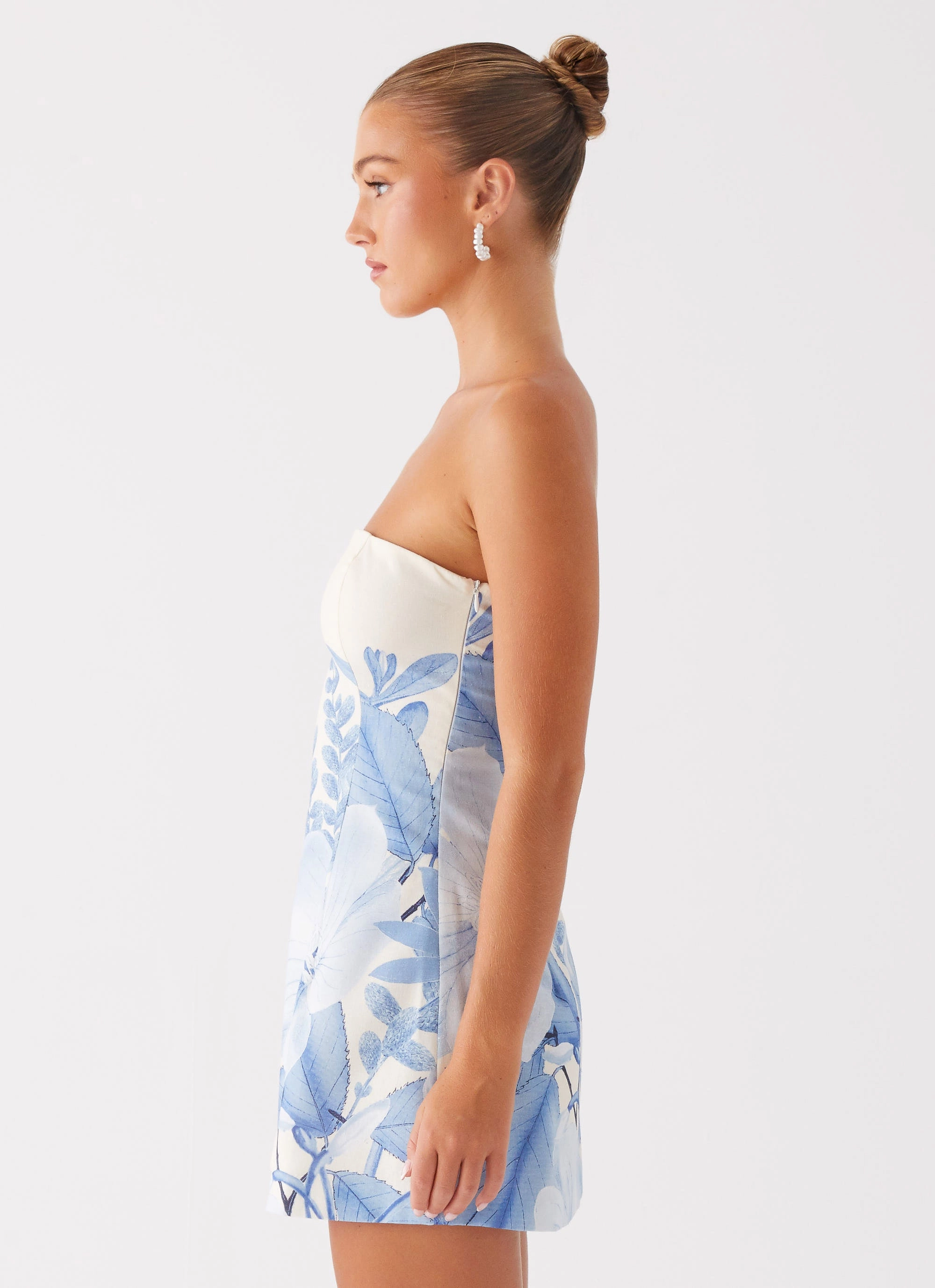 Denby Strapless Mini Dress - Blue Floral Print Cozy and Comfortable Front Detail