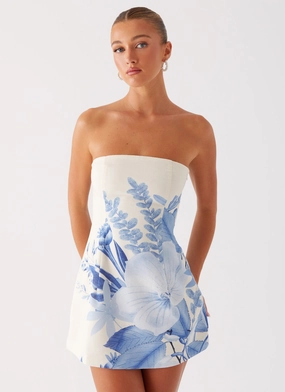 Denby Strapless Mini Dress - Blue Floral Print Easy Go