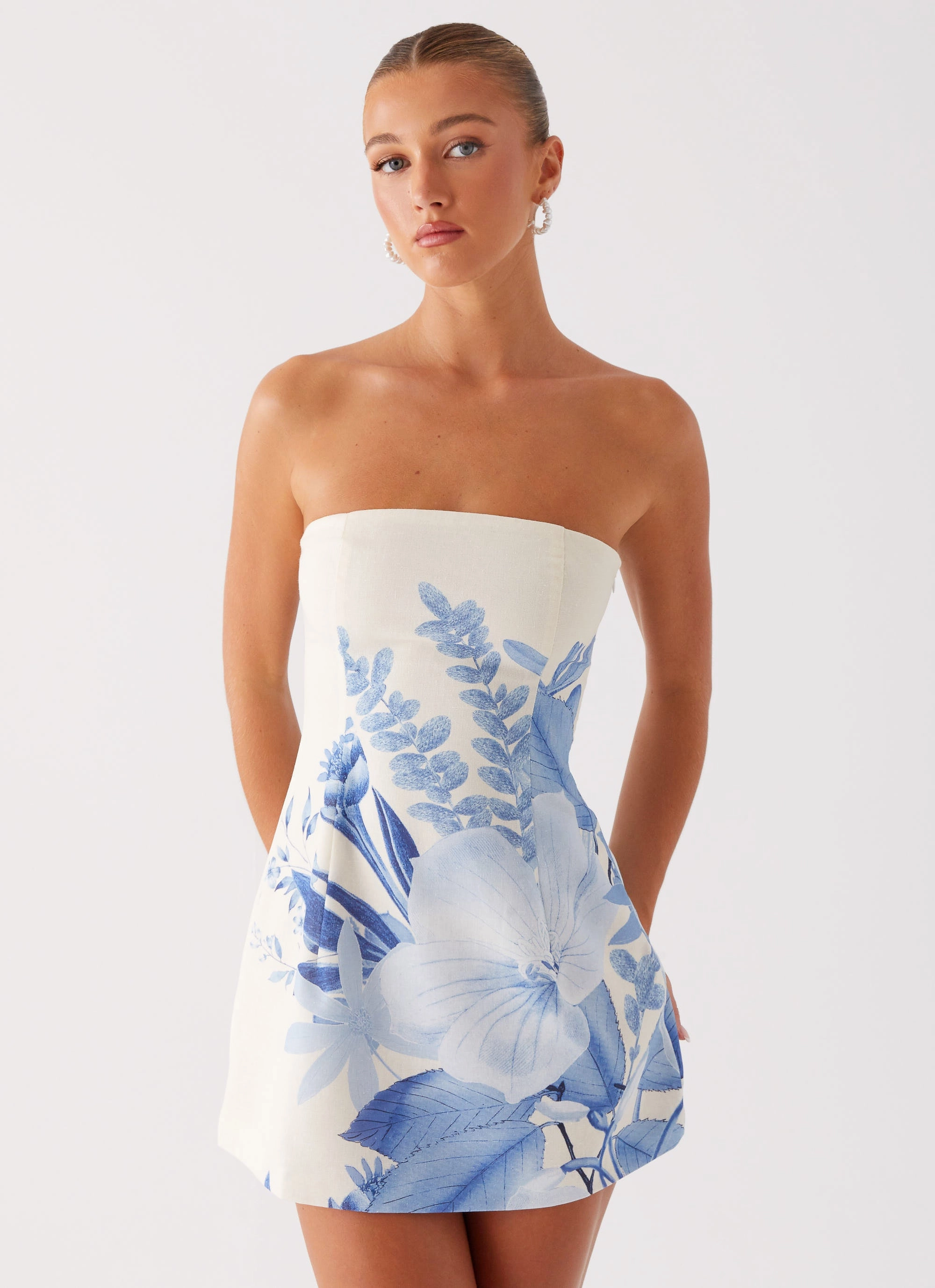 Denby Strapless Mini Dress - Blue Floral Print Easy Go