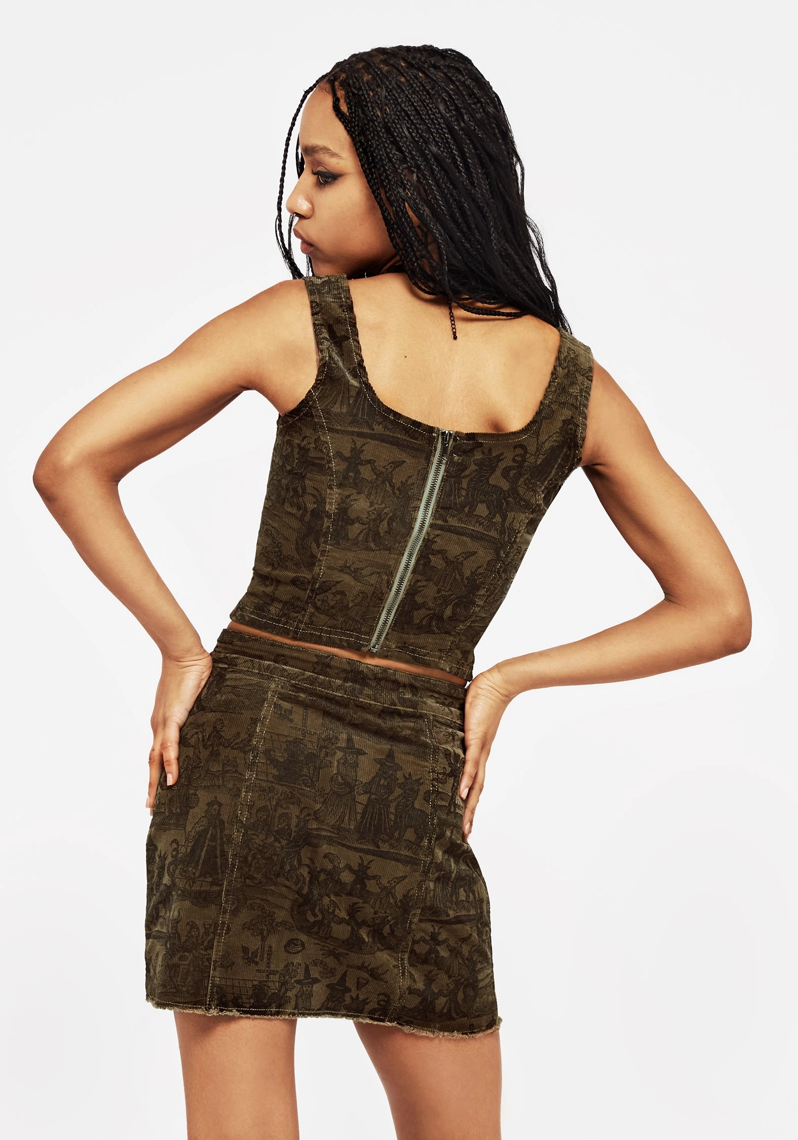 Figure Flattering Emerging Designer Diabolical Cord Woodcut Print Zip Up Mini Skirt