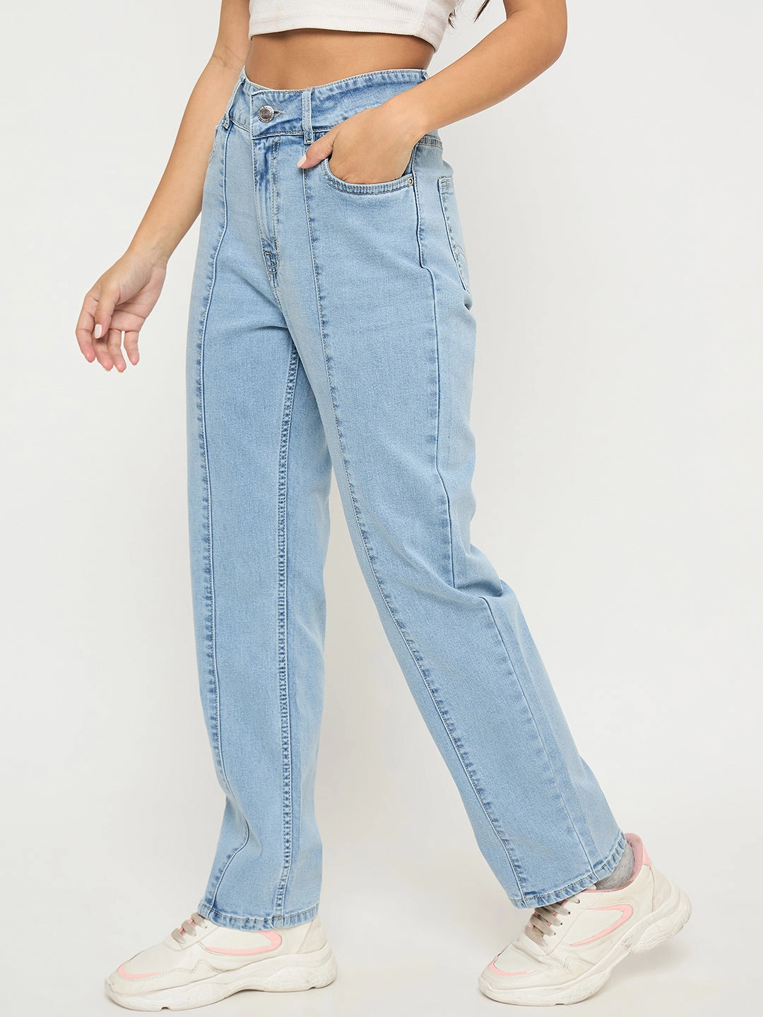 Urban Explorer Picnic Style Cool And Clean Madame Pintuck Detailed Bright Blue Cotton Blend Jeans