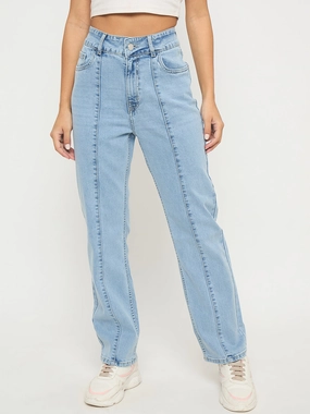 Madame Pintuck Detailed Bright Blue Cotton Blend Jeans Neutral Fabric Simple Comfort