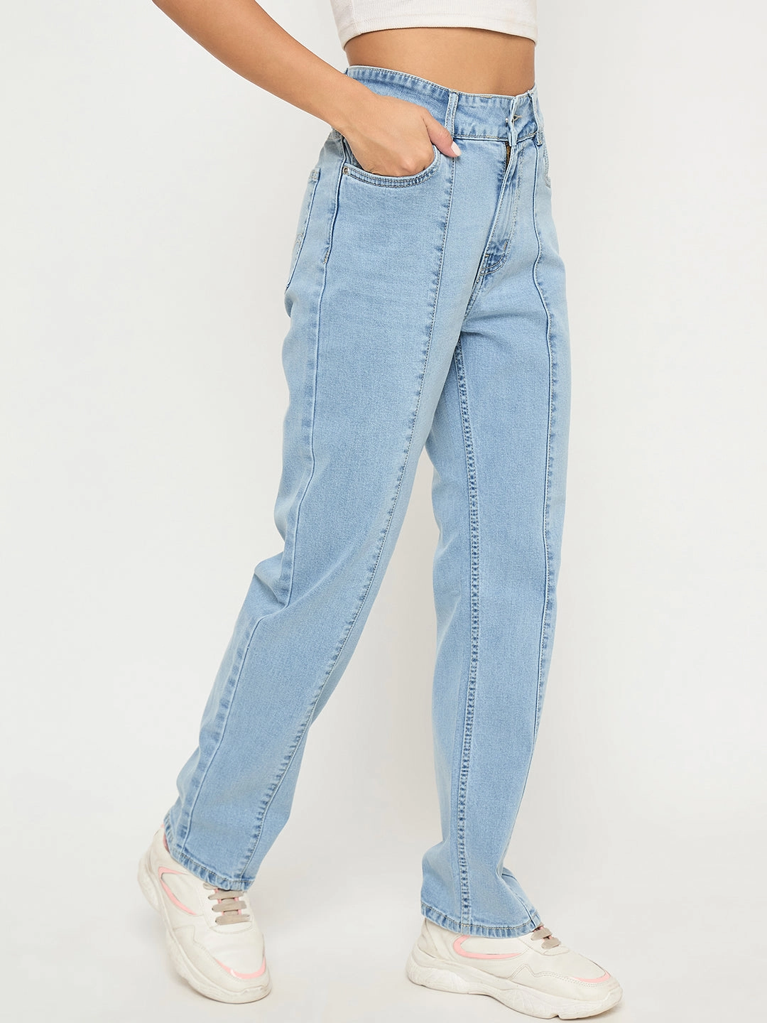 Madame Pintuck Detailed Bright Blue Cotton Blend Jeans Chic Wear Basic Layers