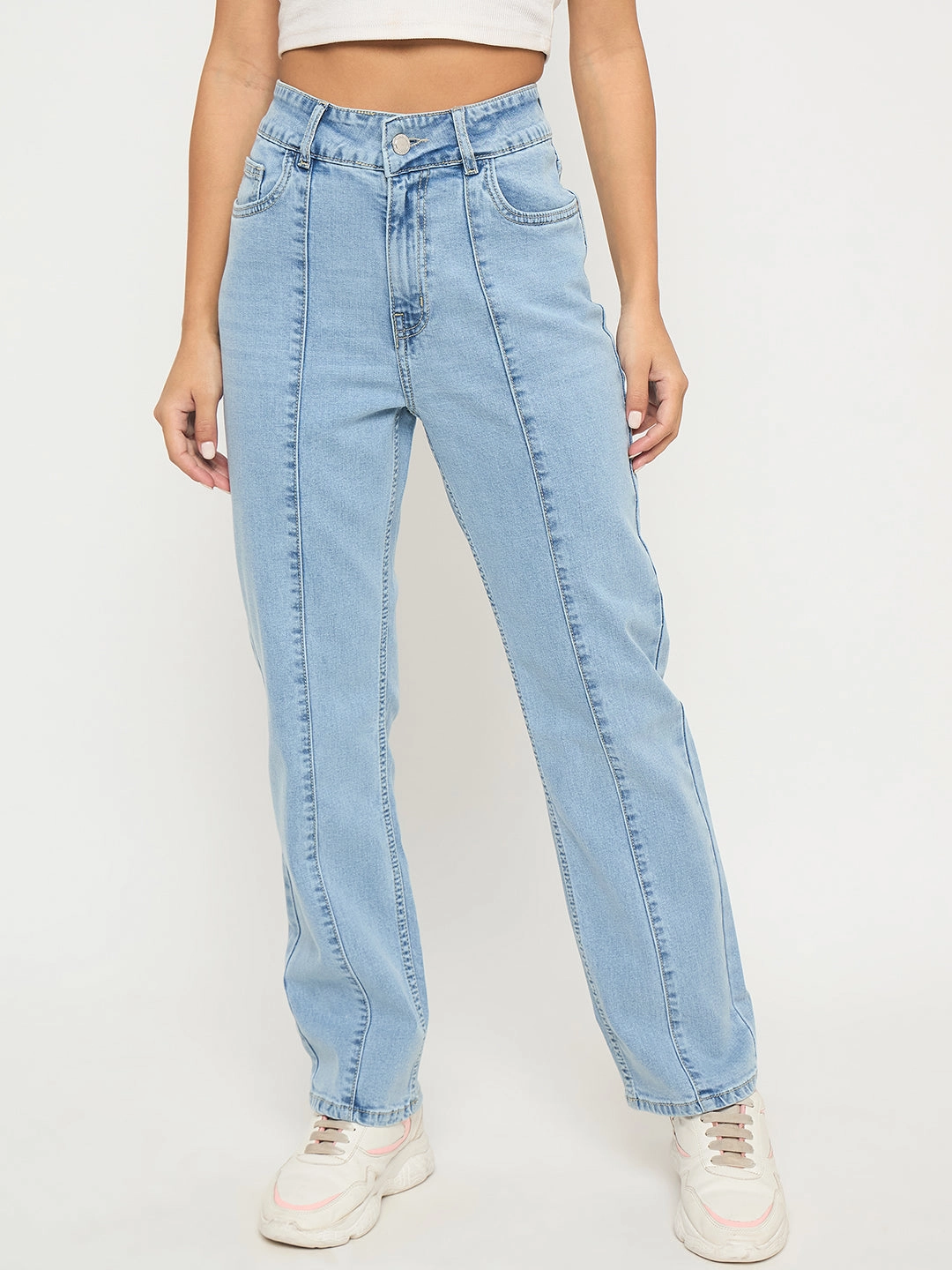 Madame Pintuck Detailed Bright Blue Cotton Blend Jeans Neutral Fabric Simple Comfort