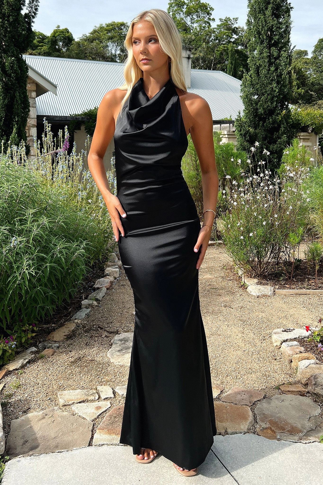 Corwin Open Back Satin Maxi Dress - Black Minimalist Look