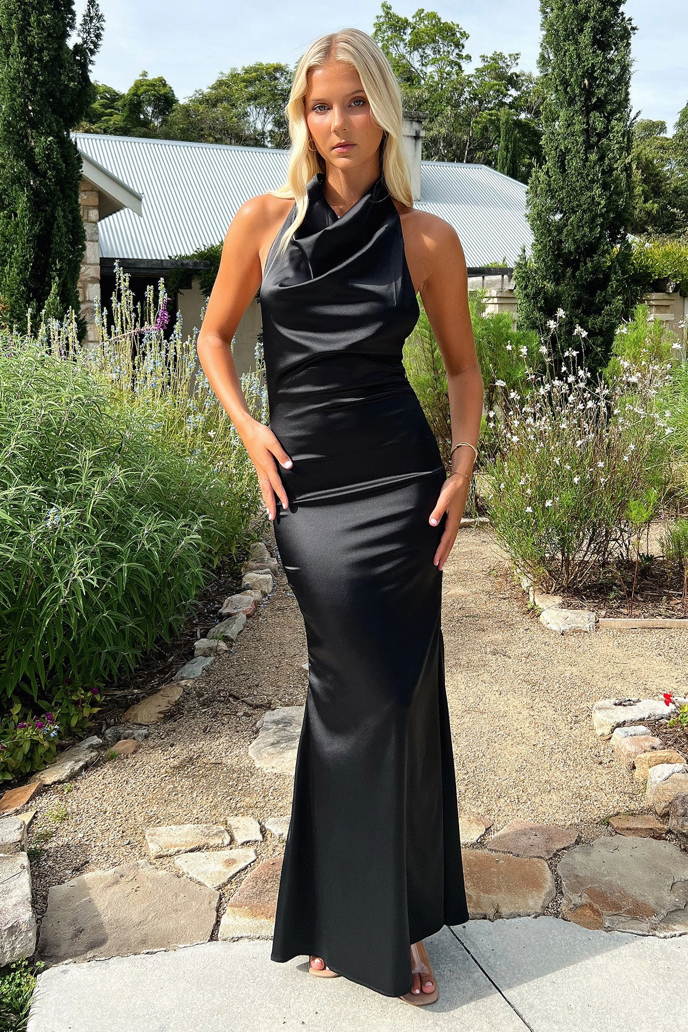 Corwin Open Back Satin Maxi Dress - Black Cool Elegance