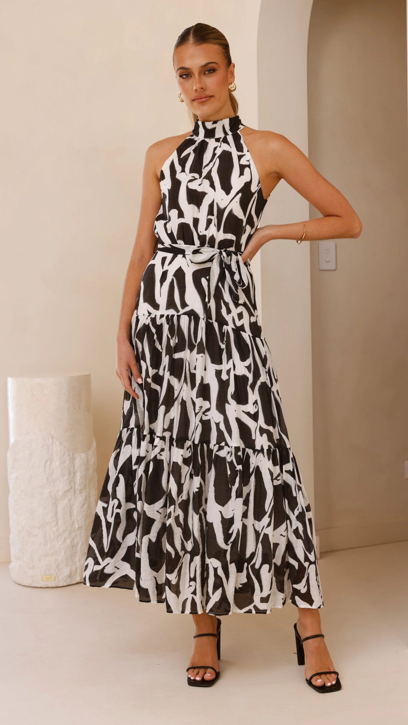 Move Free River Halter Midi Dress - Black/White