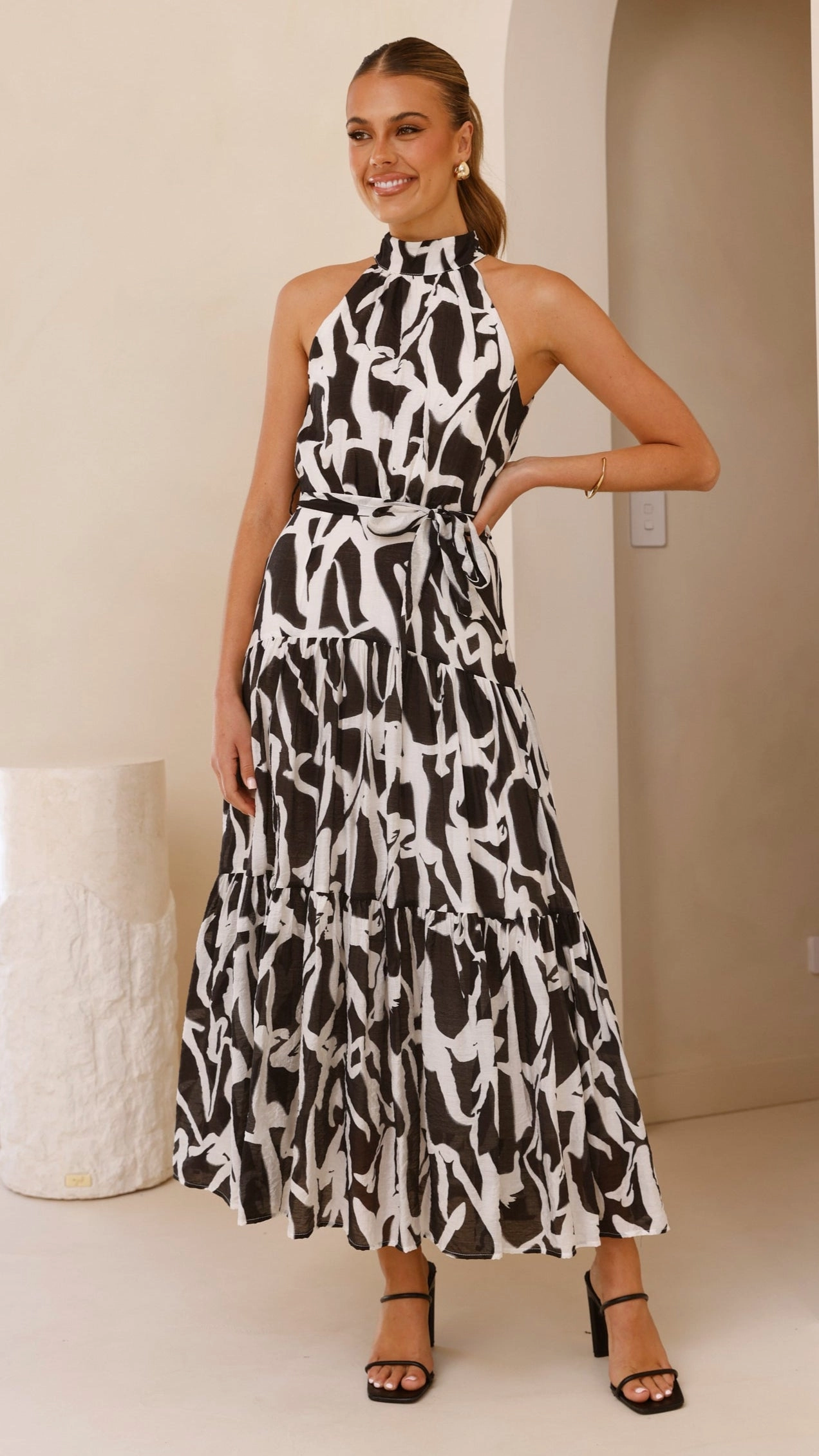 Layer Safe Natural Light River Halter Midi Dress - Black/White
