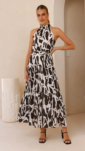 Move Free River Halter Midi Dress - Black/White