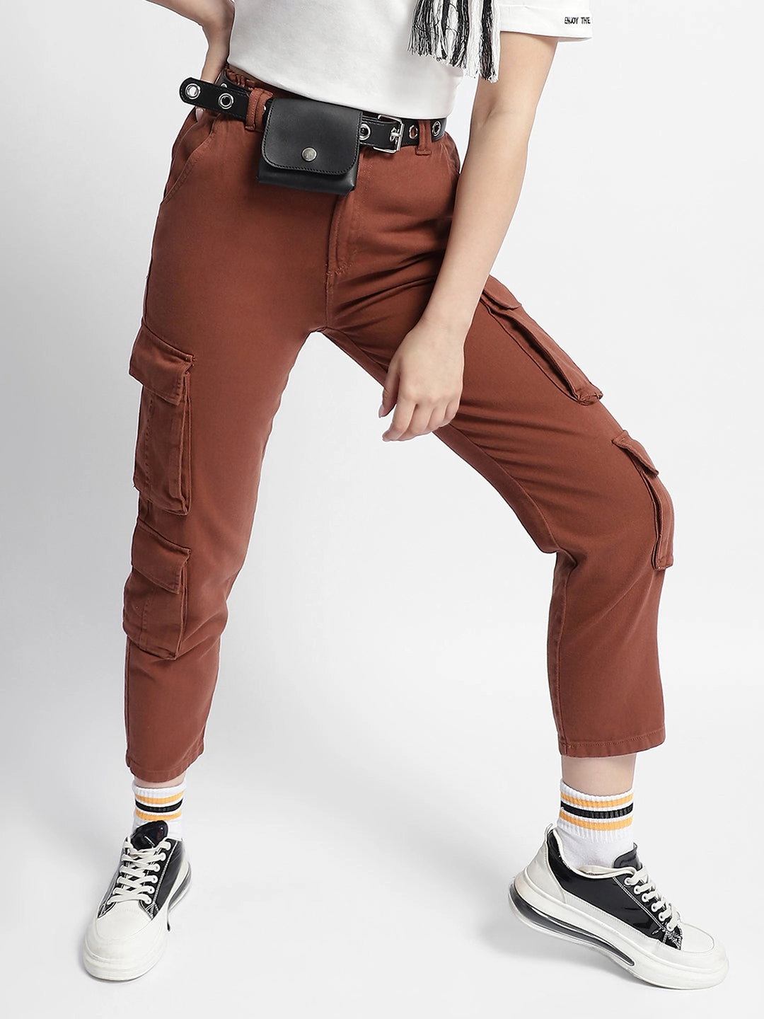 Madame Mid Rise Tapered Fit Rust Cargo Flexible Waistband