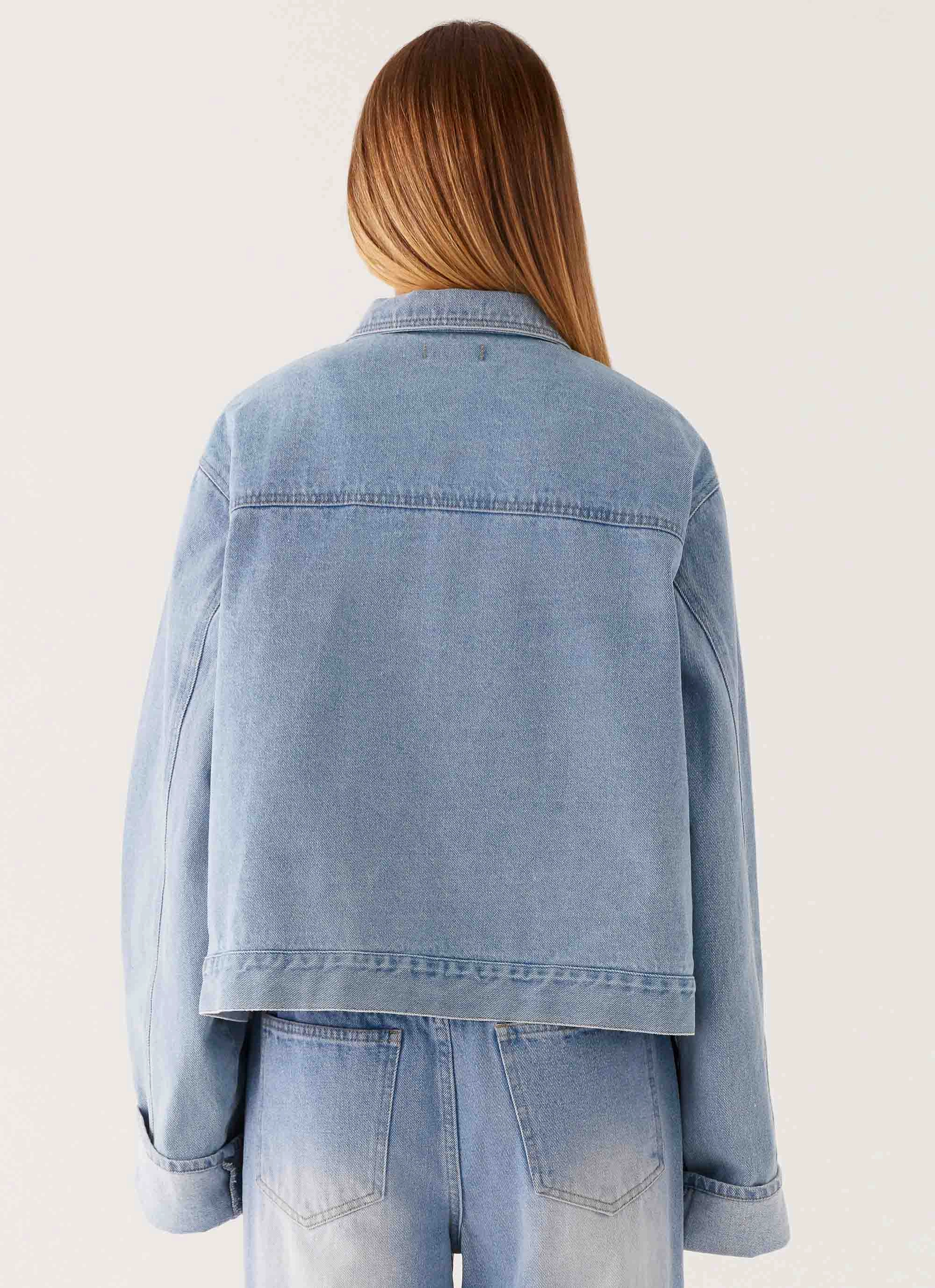 Back Again Oversized Denim Jacket - Light Wash Blue Classic Fit Cut WindResistant Coating