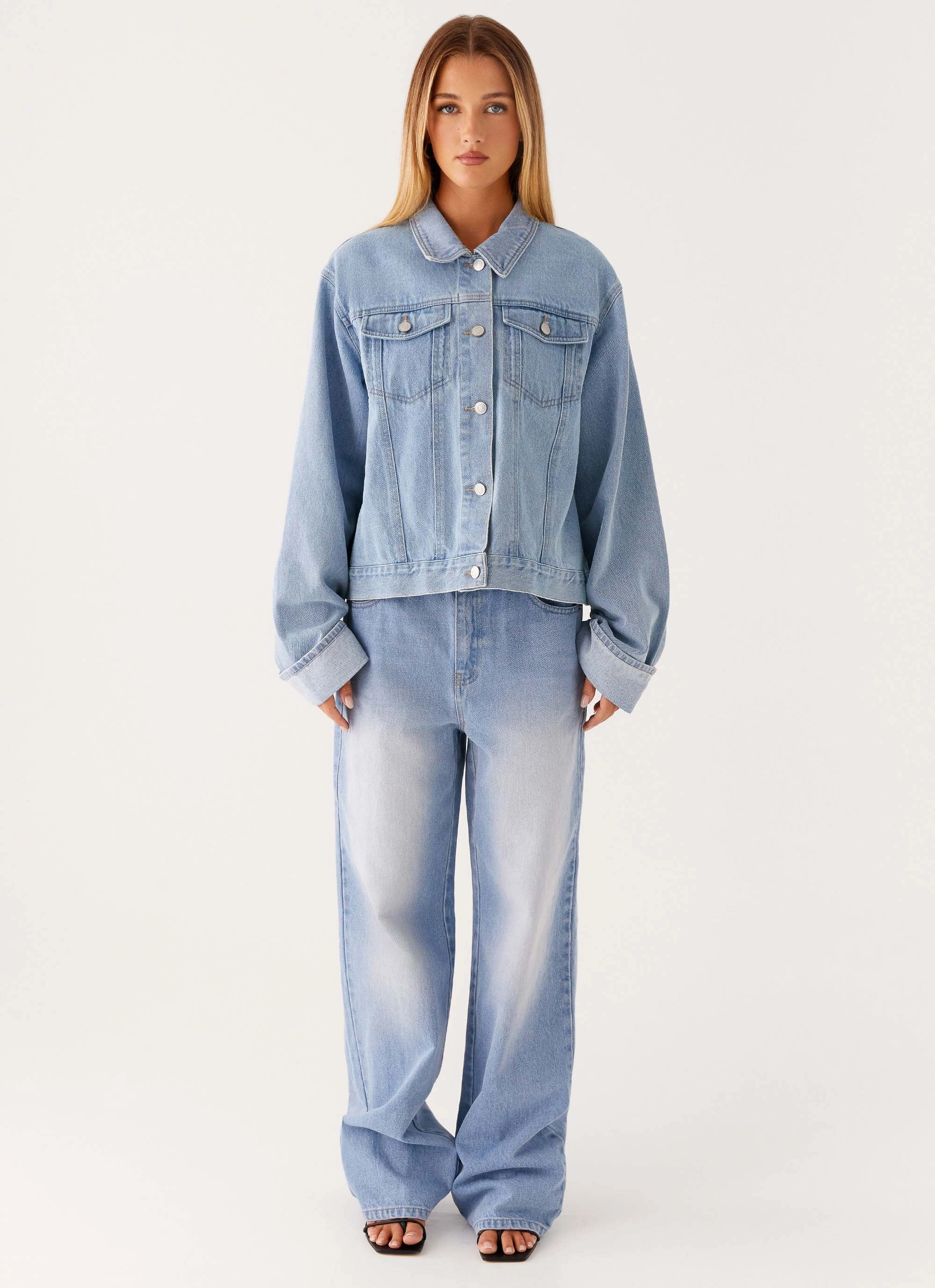 Back Again Oversized Denim Jacket - Light Wash Blue Double Stitch Seams