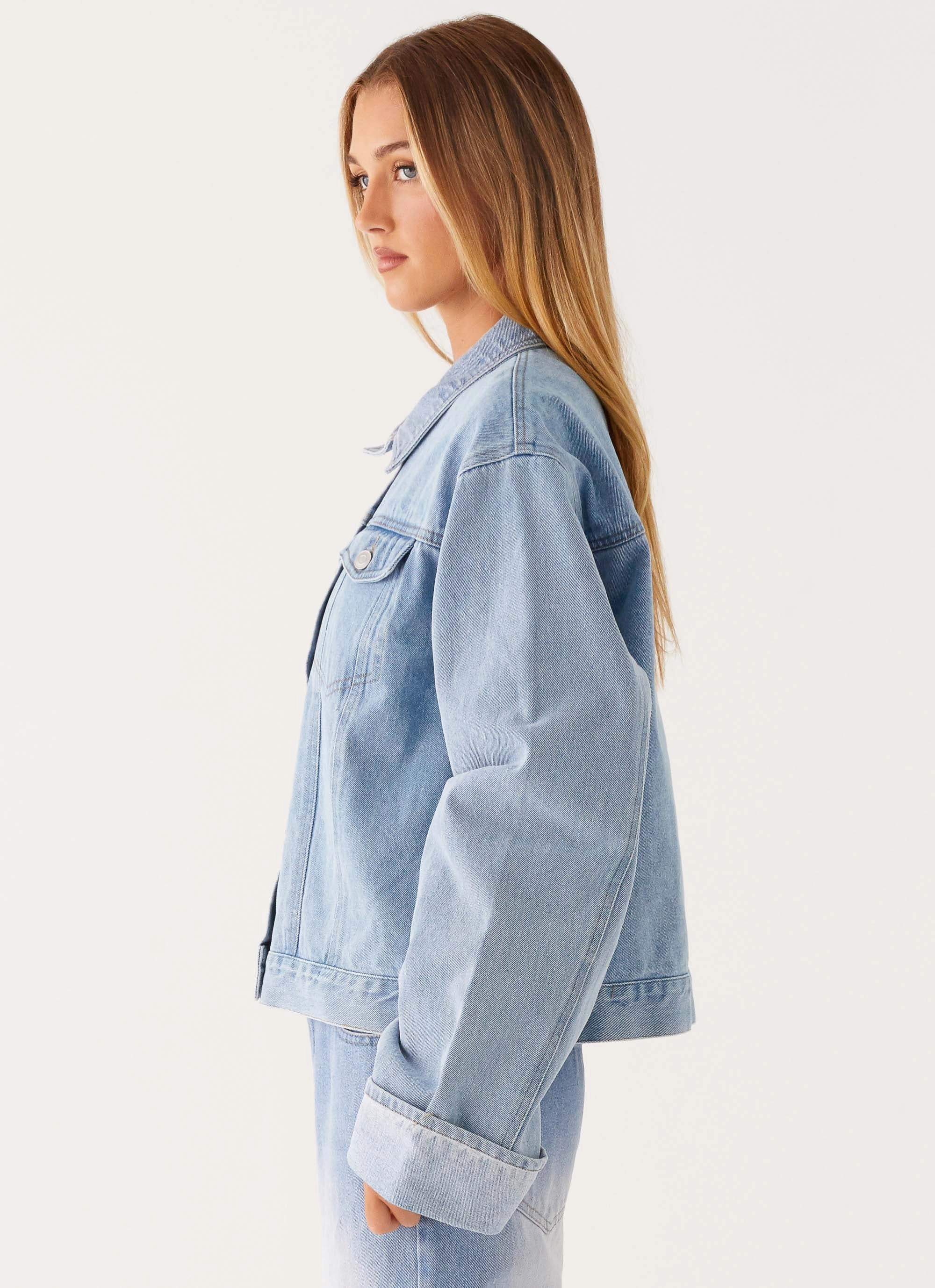 Wool blend Crisp Layer Back Again Oversized Denim Jacket - Light Wash Blue
