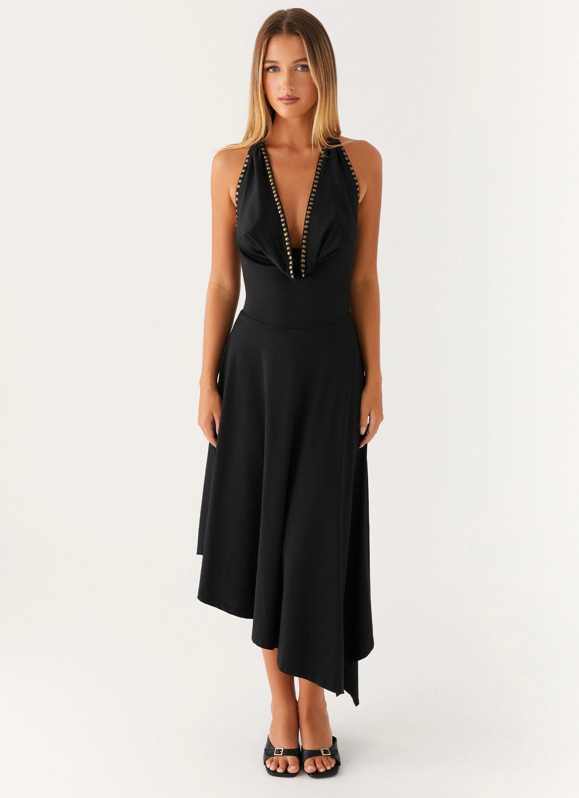 Vena Beaded Midi Dress - Black Flowy Layers