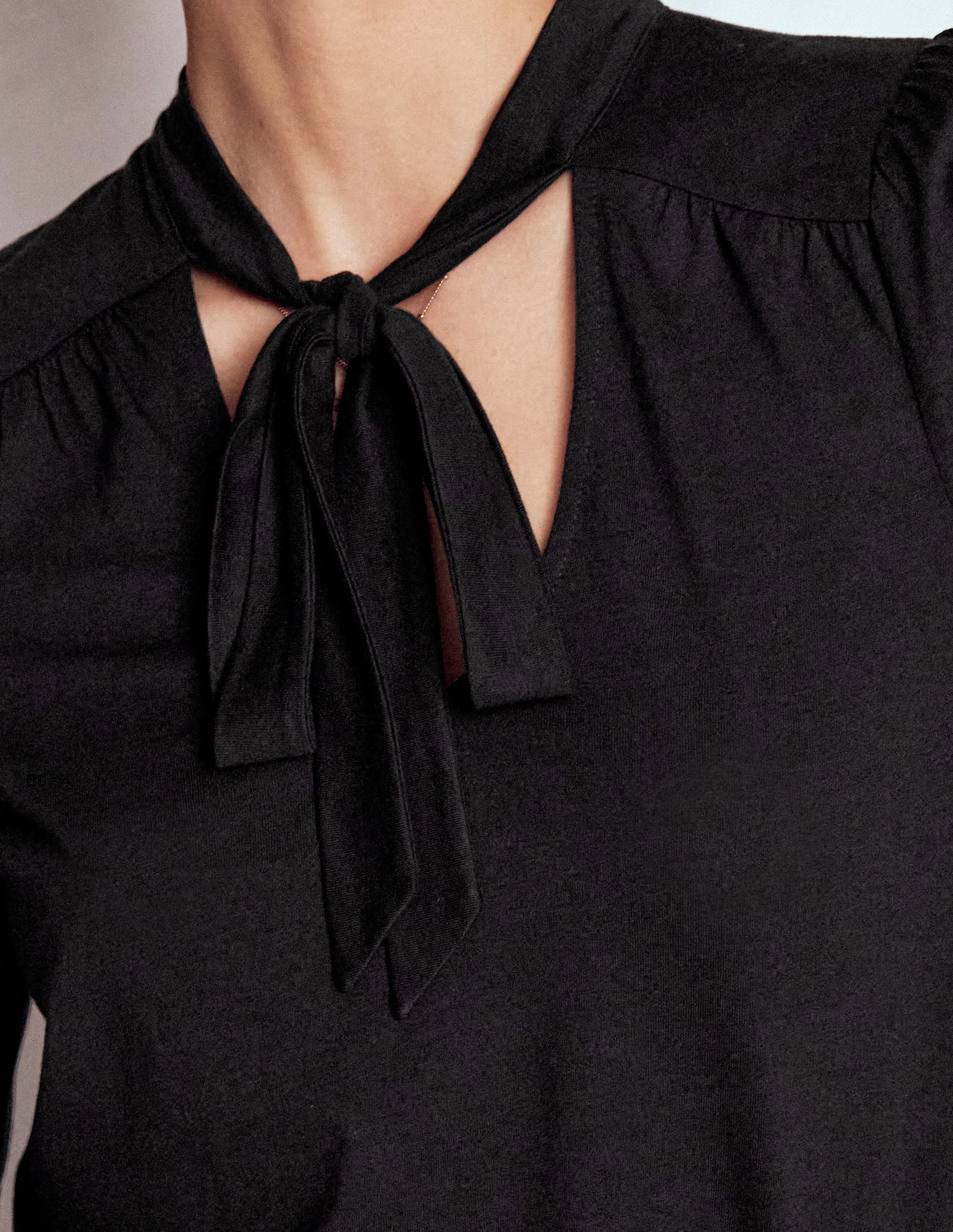 Tie Neck Supersoft Top-Black DoubleStitchedSeams Neutral Tone Stitching