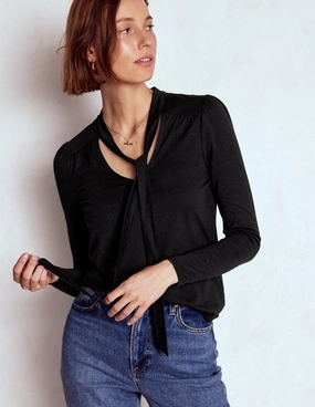 Tie Neck Supersoft Top-Black FadeResistant Coating Stretch Blouse