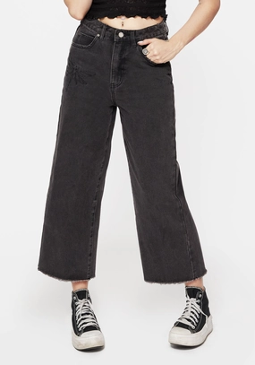 Chilly Weather Comfort Comfy Cut Dragonfly Embroidered Wide Leg Denim Culotte Jeans