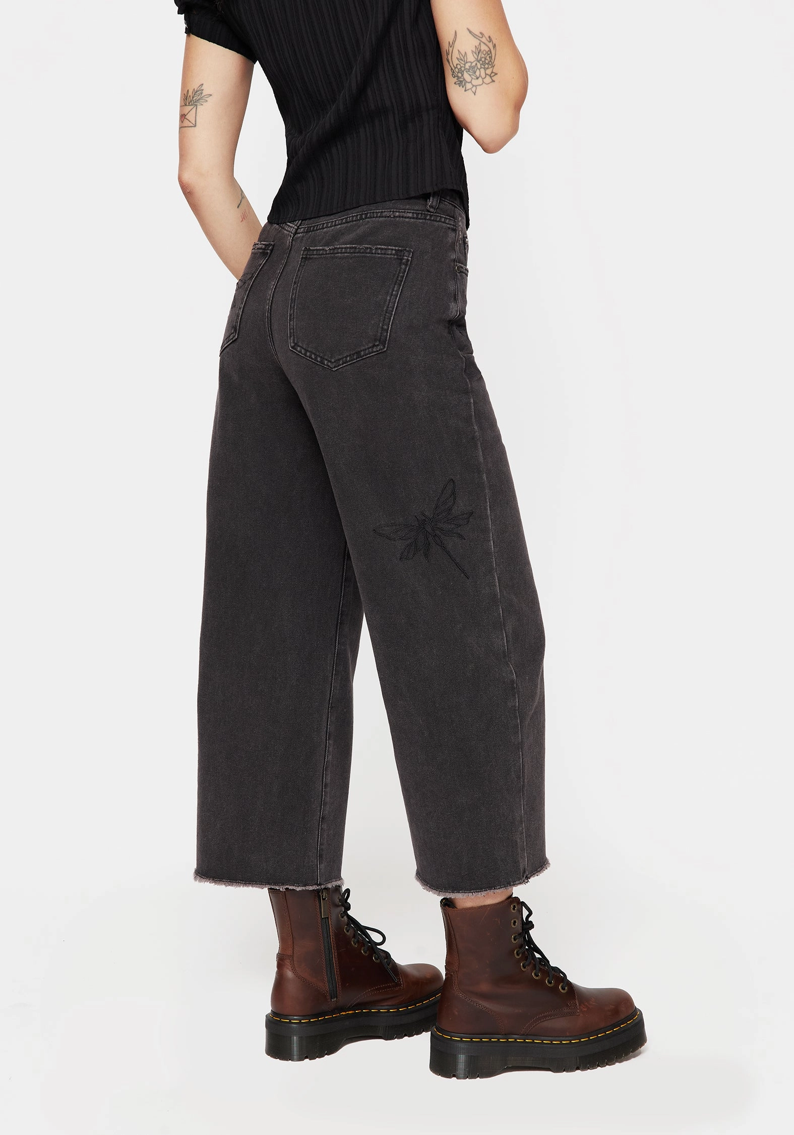 Tagless Labeling AbrasionResistantPanels Dragonfly Embroidered Wide Leg Denim Culotte Jeans