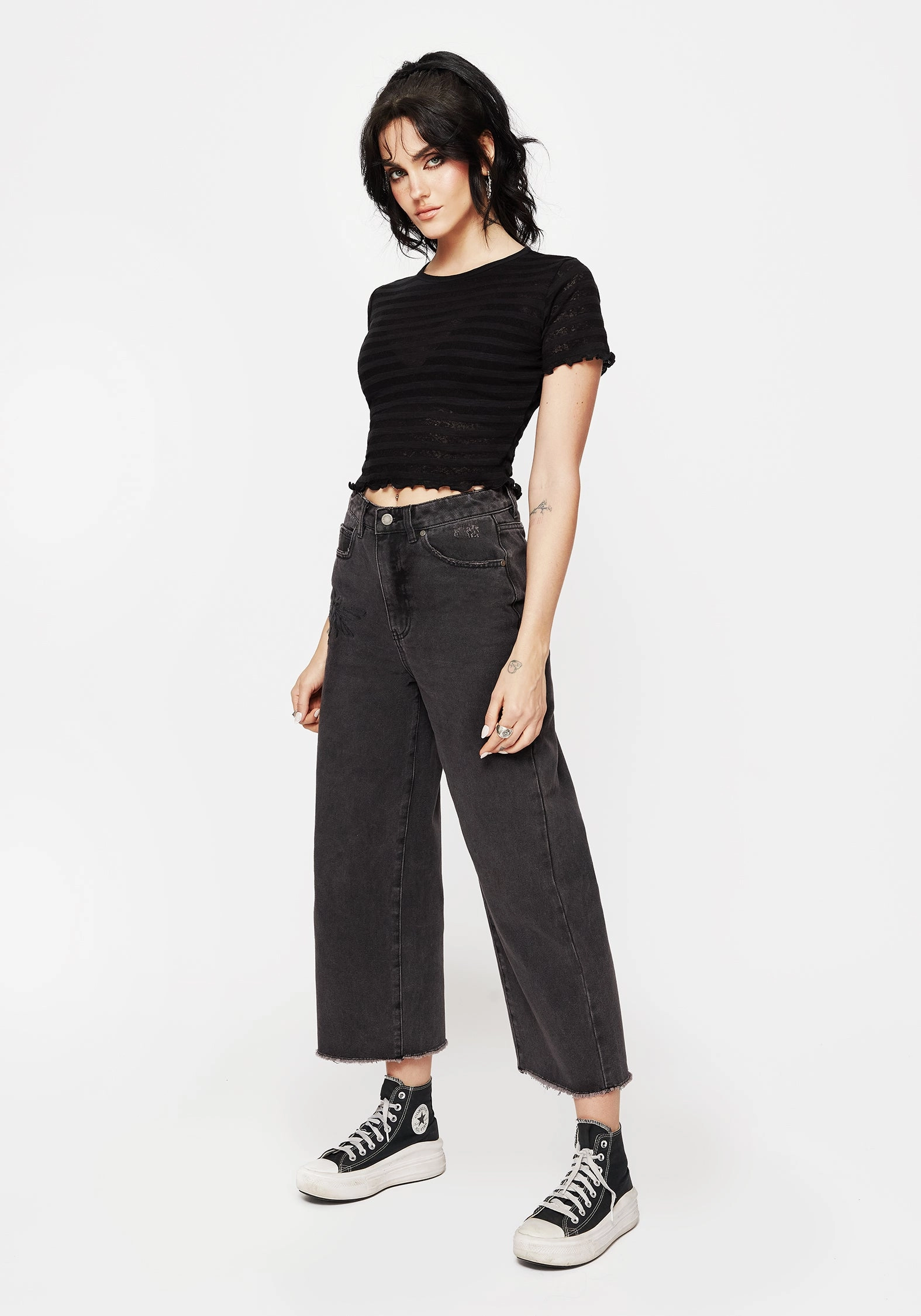 Dragonfly Embroidered Wide Leg Denim Culotte Jeans Easy Flex Design RuggedDurability